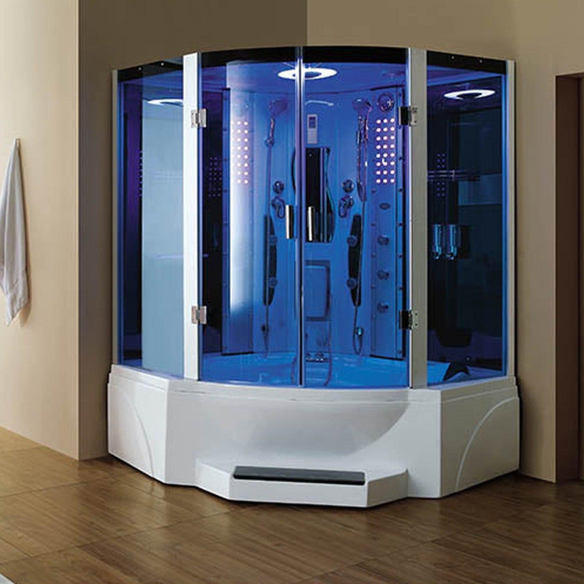 Mesa, Mesa 63" x 63" x 85" Blue Tempered Glass Corner Combination Steam Shower Jetted Tub With 3kW High Output Steam Engine, 10 Acupuncture Jets and 10 Whirlpool Jets