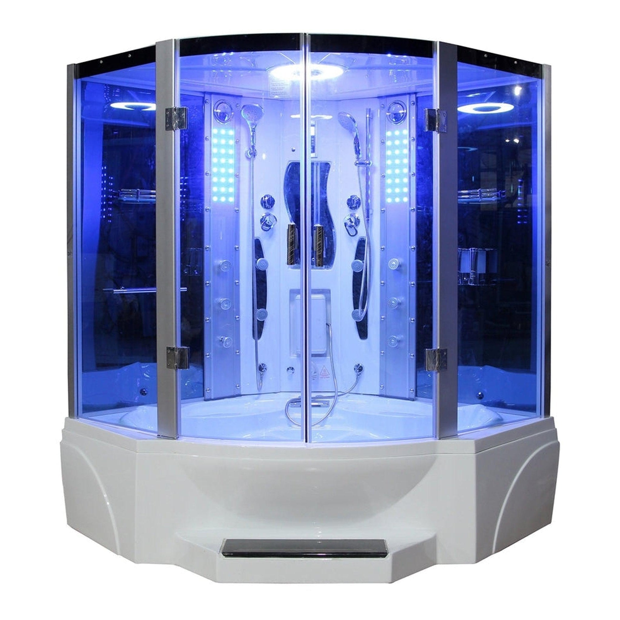 Mesa, Mesa 63" x 63" x 85" Blue Tempered Glass Corner Combination Steam Shower Jetted Tub With 3kW High Output Steam Engine, 10 Acupuncture Jets and 10 Whirlpool Jets