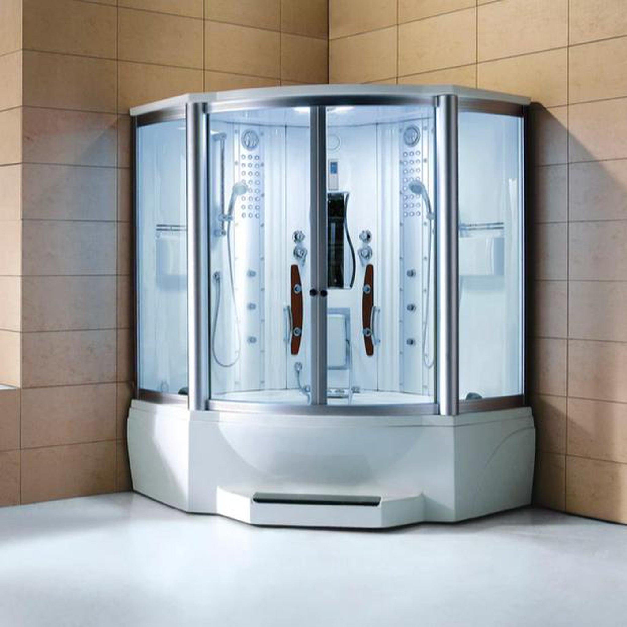 Mesa, Mesa 63" x 63" x 85" Clear Tempered Glass Corner Combination Steam Shower Jetted Tub With 3kW High Output Steam Engine, 10 Acupuncture Jets and 10 Whirlpool Jets