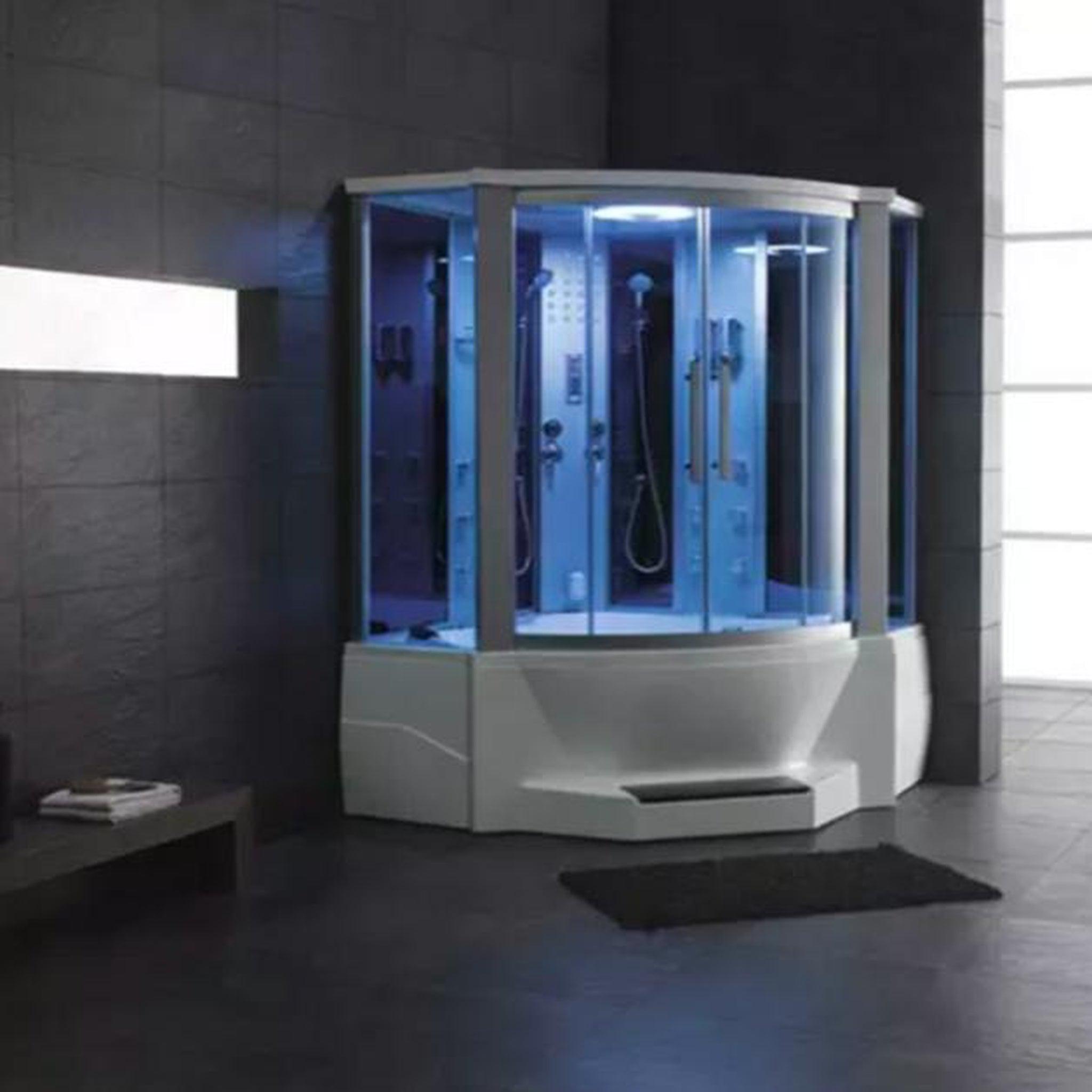 Mesa, Mesa 66" x 66" x 85" Corner Blue Tempered Glass Combination Steam Shower Jetted Tub With 4kW Steam Generation, 12 Acupuncture Body Jets and 6 Whirlpool Jets