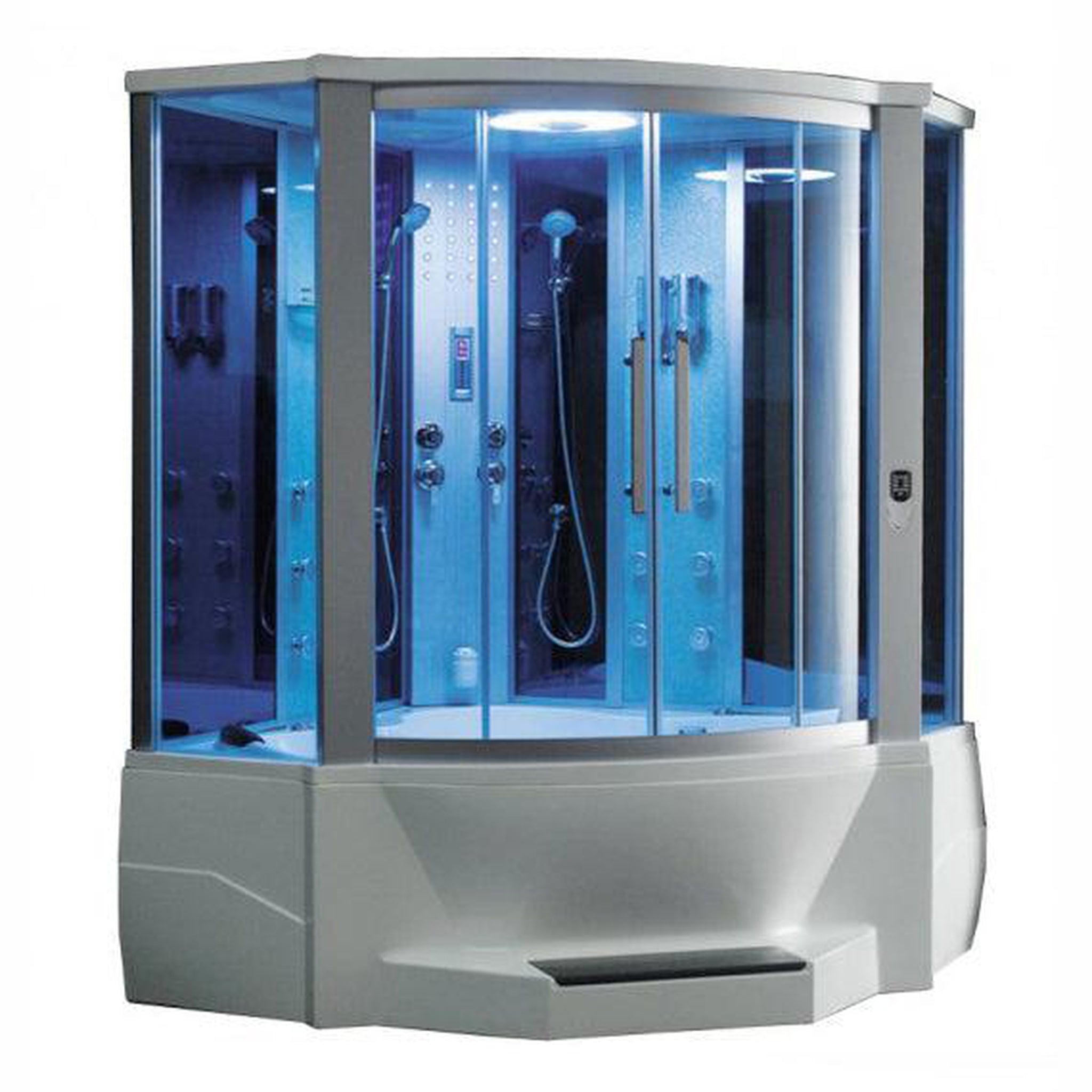 Mesa, Mesa 66" x 66" x 85" Corner Blue Tempered Glass Combination Steam Shower Jetted Tub With 4kW Steam Generation, 12 Acupuncture Body Jets and 6 Whirlpool Jets