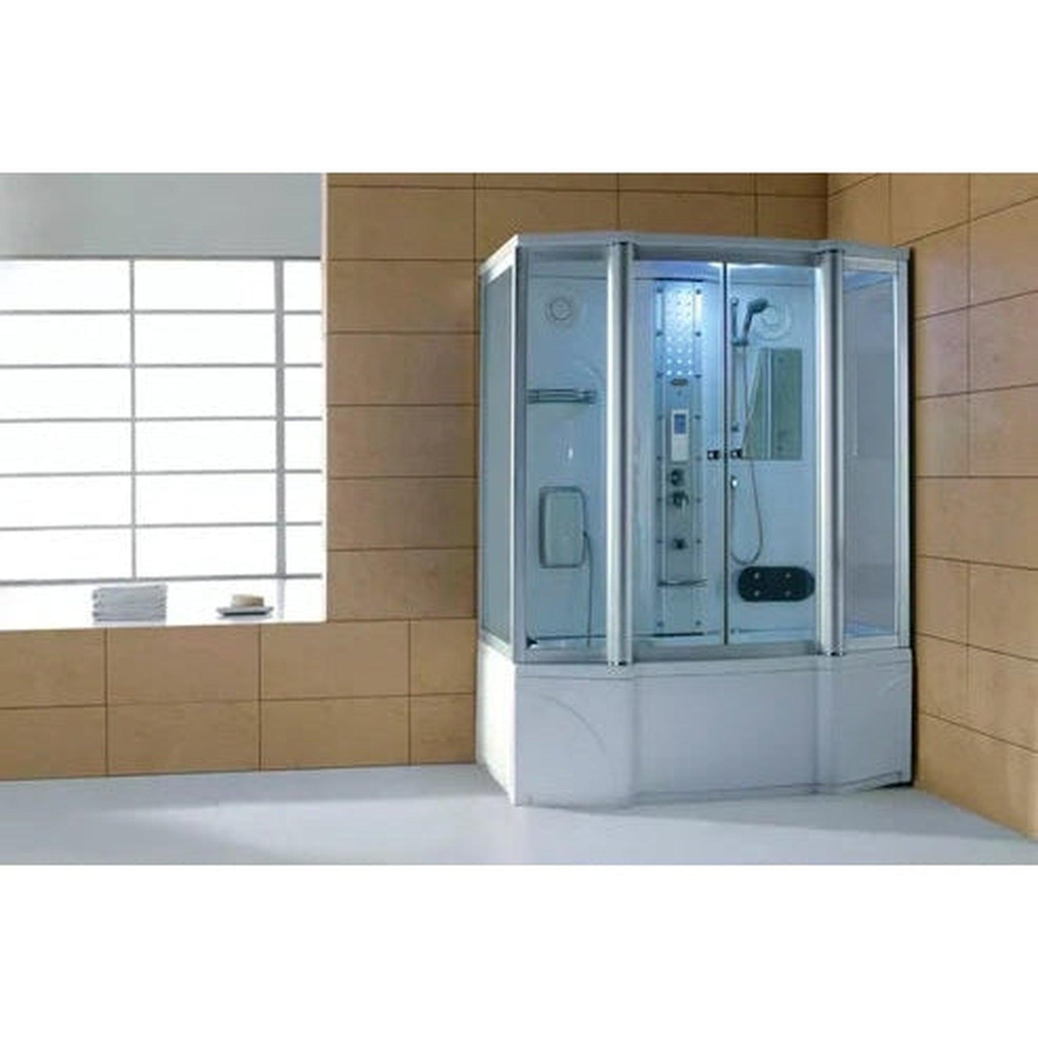 Mesa, Mesa 67" x 35" x 86" Clear Tempered Glass Freestanding Steam Shower Jetted Tub With 3kW High Output Steam Engine, 6 Body Massage Jets and 6 Adjustable Tub Jets