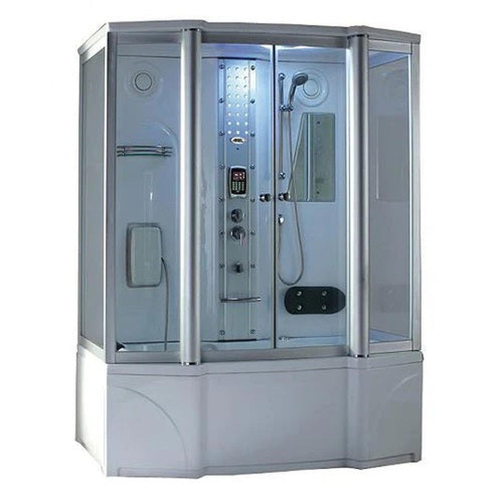 Mesa, Mesa 67" x 35" x 86" Clear Tempered Glass Freestanding Steam Shower Jetted Tub With 3kW High Output Steam Engine, 6 Body Massage Jets and 6 Adjustable Tub Jets