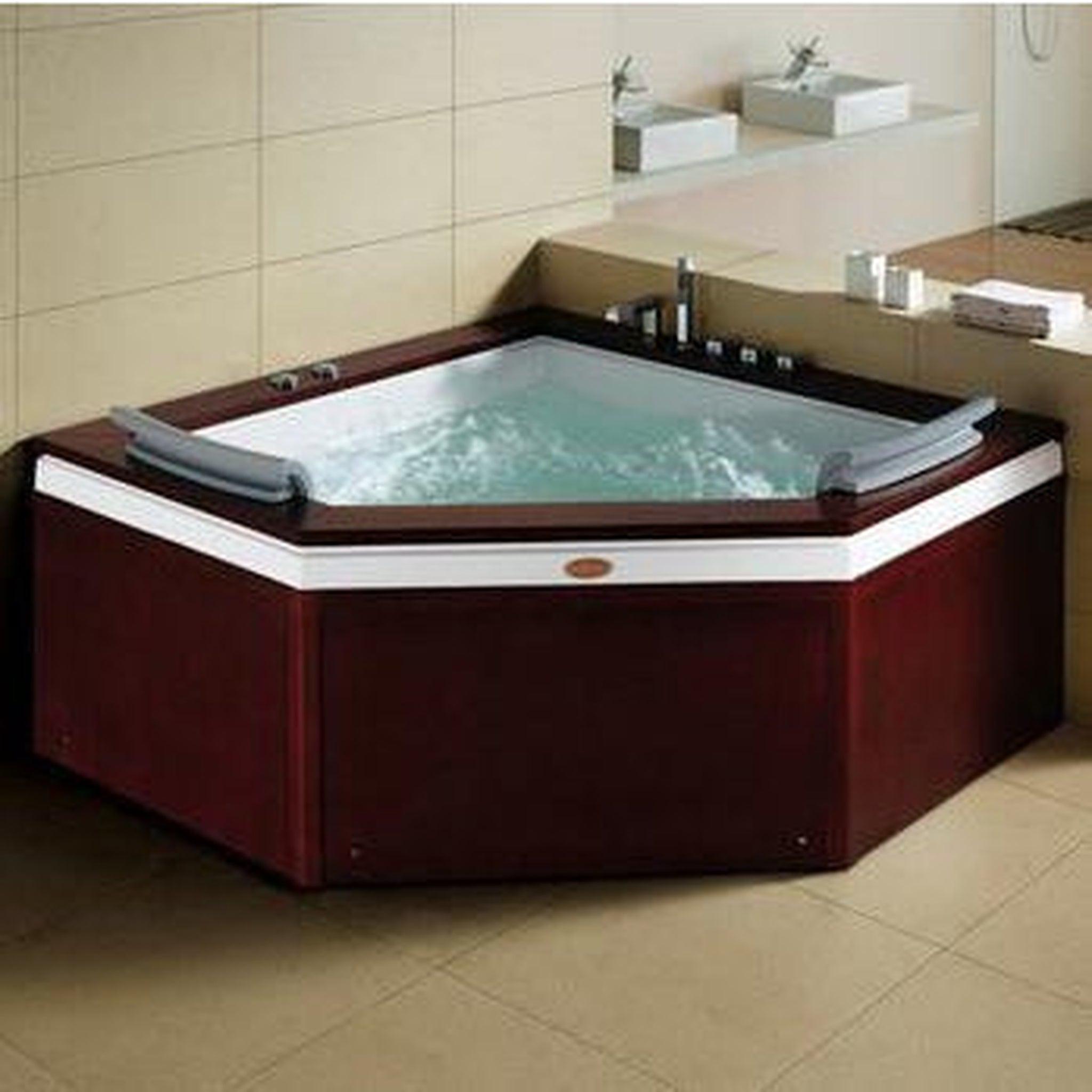 Mesa, Mesa Autumn 60" x 60" x 27" Two Person Corner Freestanding Dual Therapy Jetted Tub With Brown Rich Hard Wood Decking, 10 Whirlpool Jets and Air System