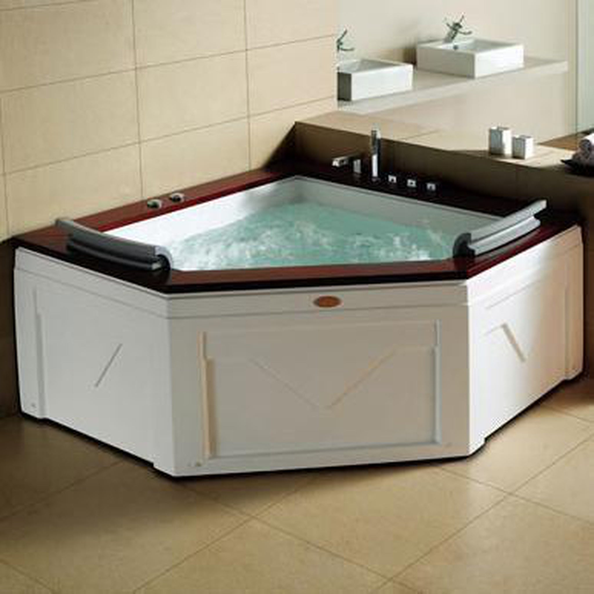 Mesa, Mesa Autumn 60" x 60" x 27" Two Person Corner Freestanding Dual Therapy Jetted Tub With White Rich Hard Wood Decking, 10 Whirlpool Jets and Air System