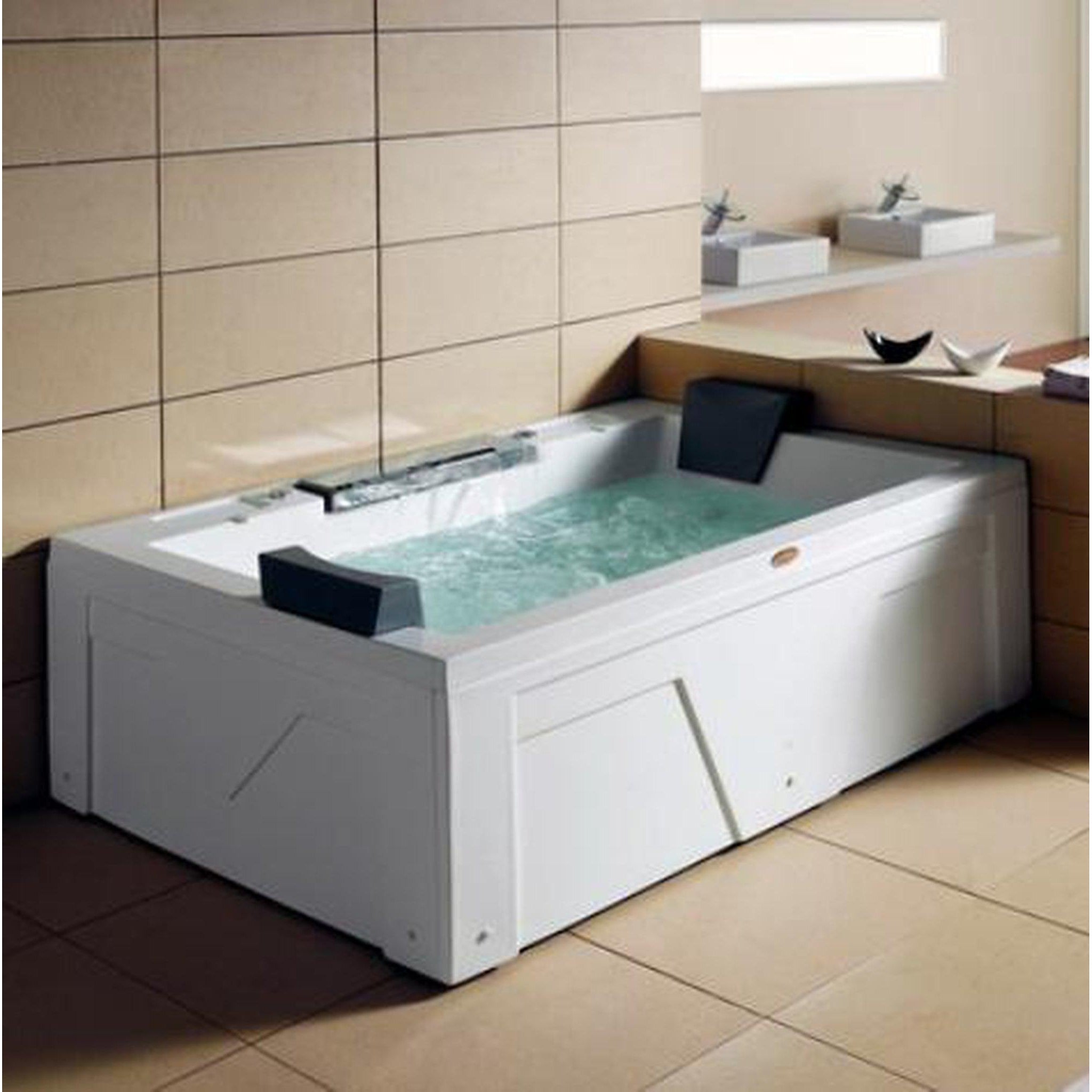 Mesa, Mesa Monterey 71" x 52" x 26" Two Person Freestanding Dual Therapy Rectangular Jetted Tub With White Rich Hard Wood Decking, Air Water Massage System and 12 Whirlpool Jets