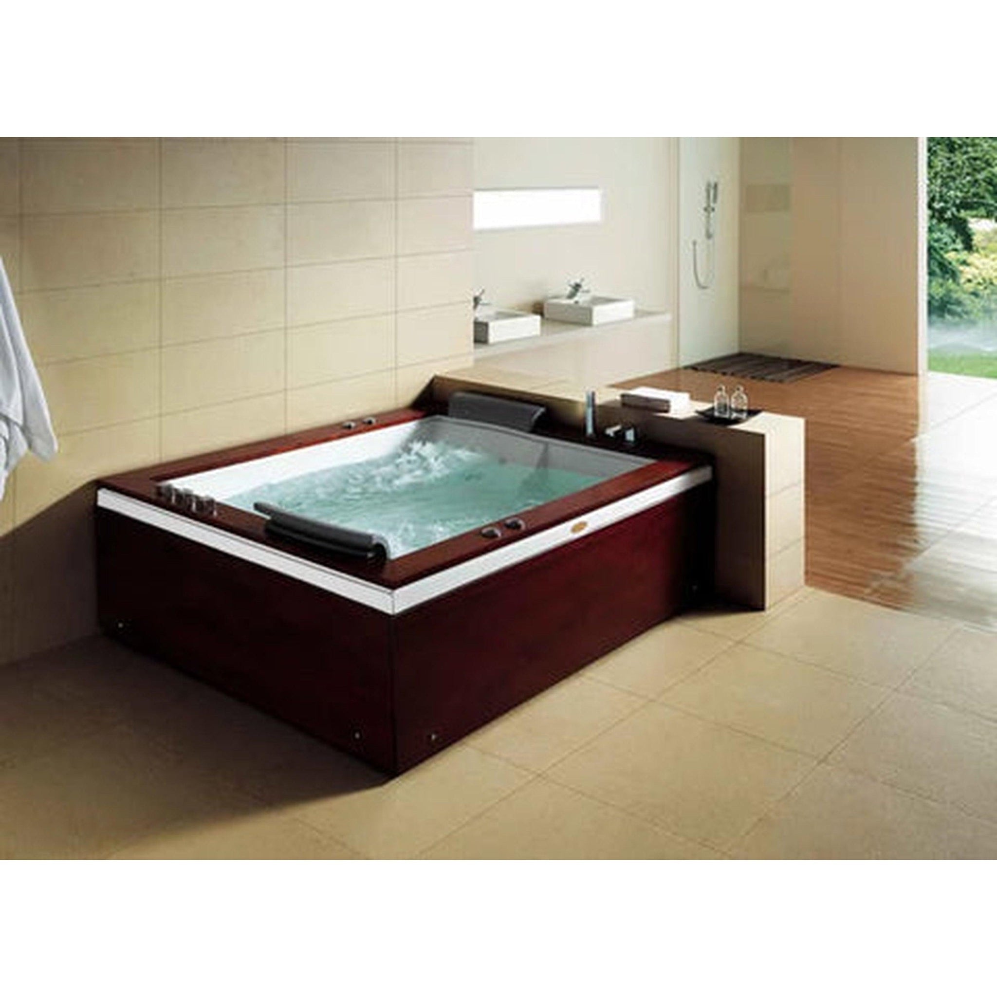 Mesa, Mesa Monterey 71" x 60" x 28" Two Person Freestanding Bathtub With Brown Rich Hard Wood Decking, 12 Whirlpool Jets, Dual Air and Hydratherapy