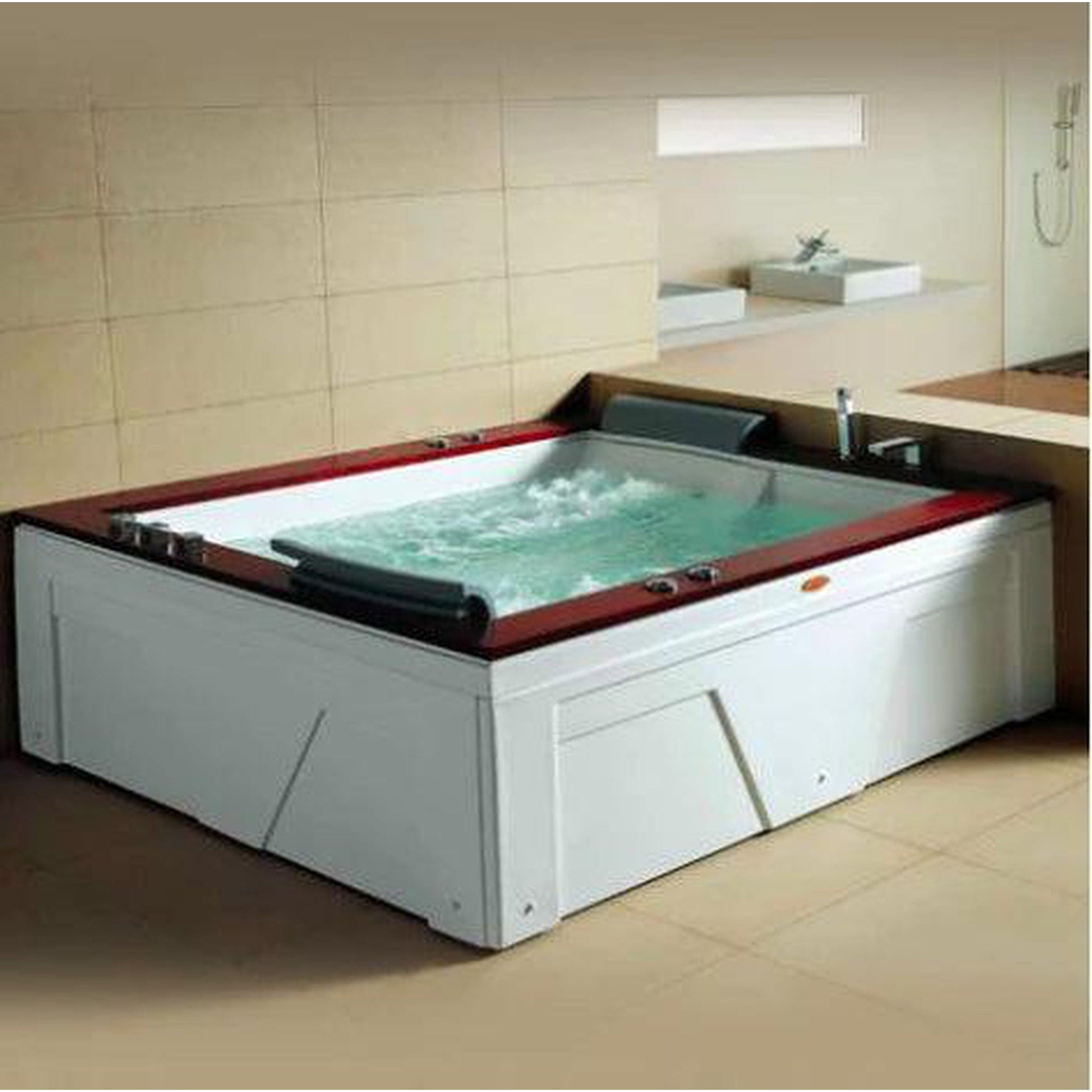 Mesa, Mesa Monterey 71" x 60" x 28" Two Person Freestanding Bathtub With White Rich Hard Wood Decking, 12 Whirlpool Jets, Dual Air and Hydratherapy