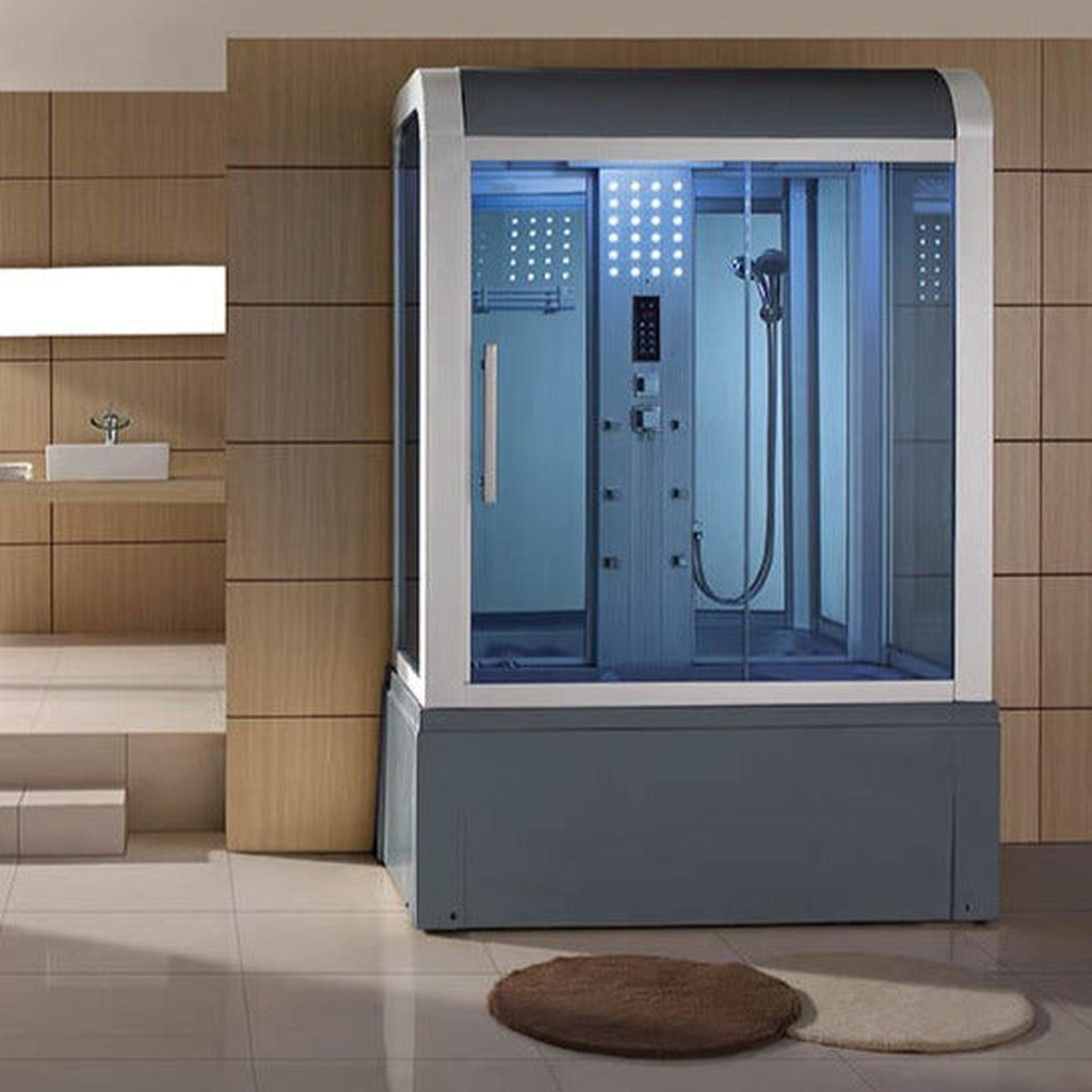 Mesa, Mesa Yukon 60" x 33" x 87" Blue Tempered Glass Gray Exterior Freestanding Steam Shower Jetted Tub Combo With 3kW High Output Steam, 6 Acupuncture Body Jets and 6 Whirlpool Jets