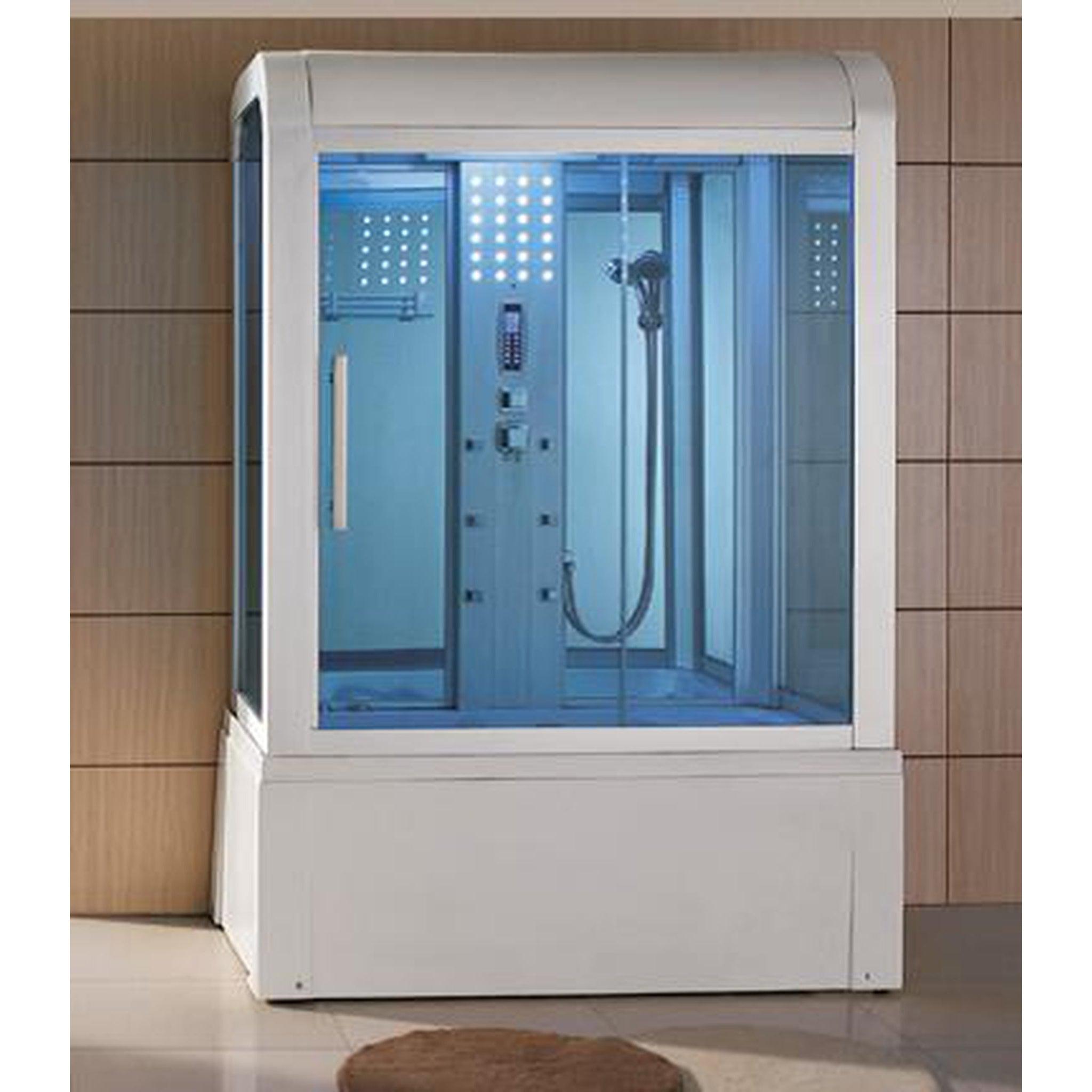 Mesa, Mesa Yukon 60” x 33” x 87” Blue Tempered Glass White Exterior Freestanding Steam Shower Jetted Tub Combo With 3kW High Output Steam, 6-Acupuncture Body Jets and 6-Whirlpool Jets