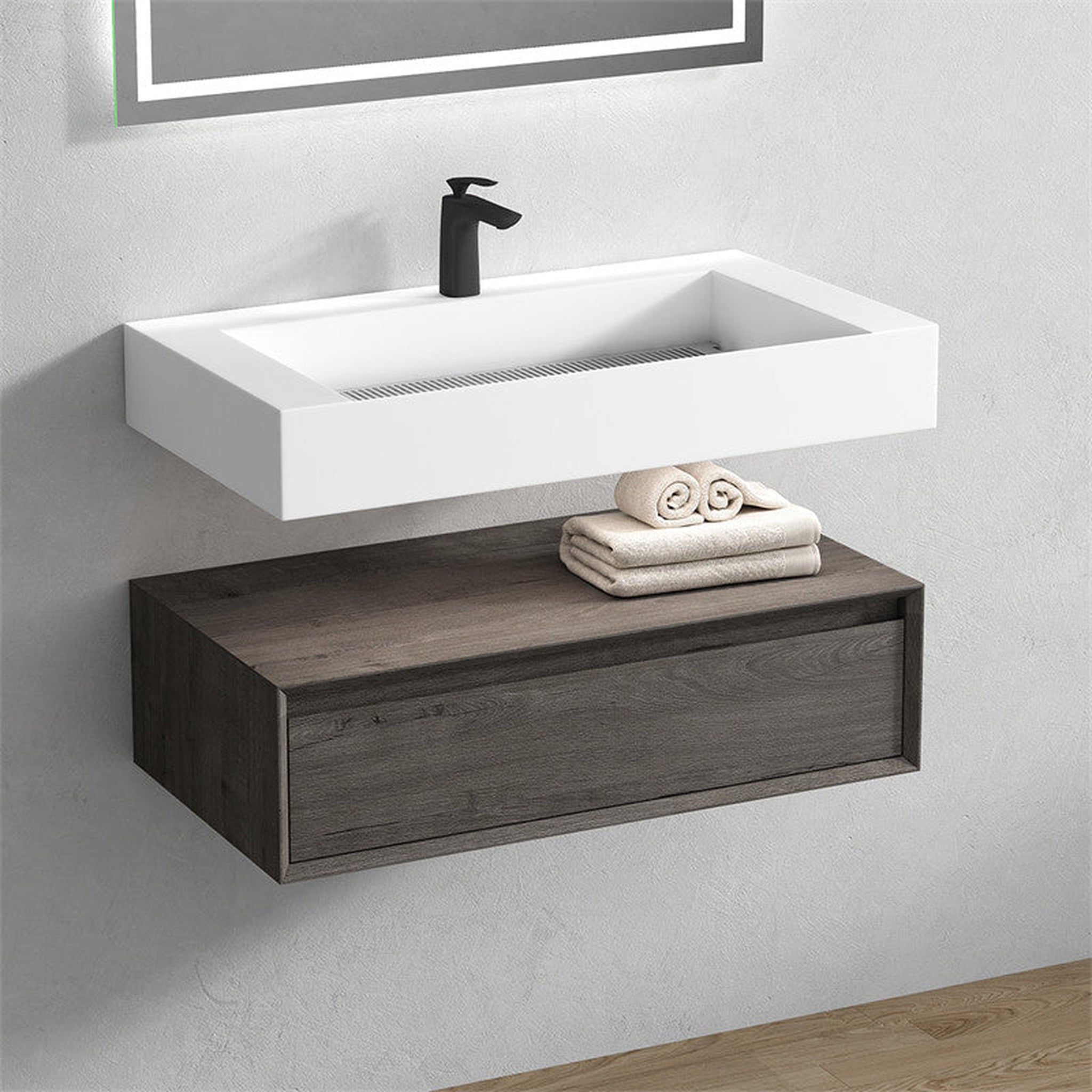 Moreno Bath, Moreno Bath ALYSA 36" Smoke Oak Floating Vanity With Single Reinforced White Acrylic Sink