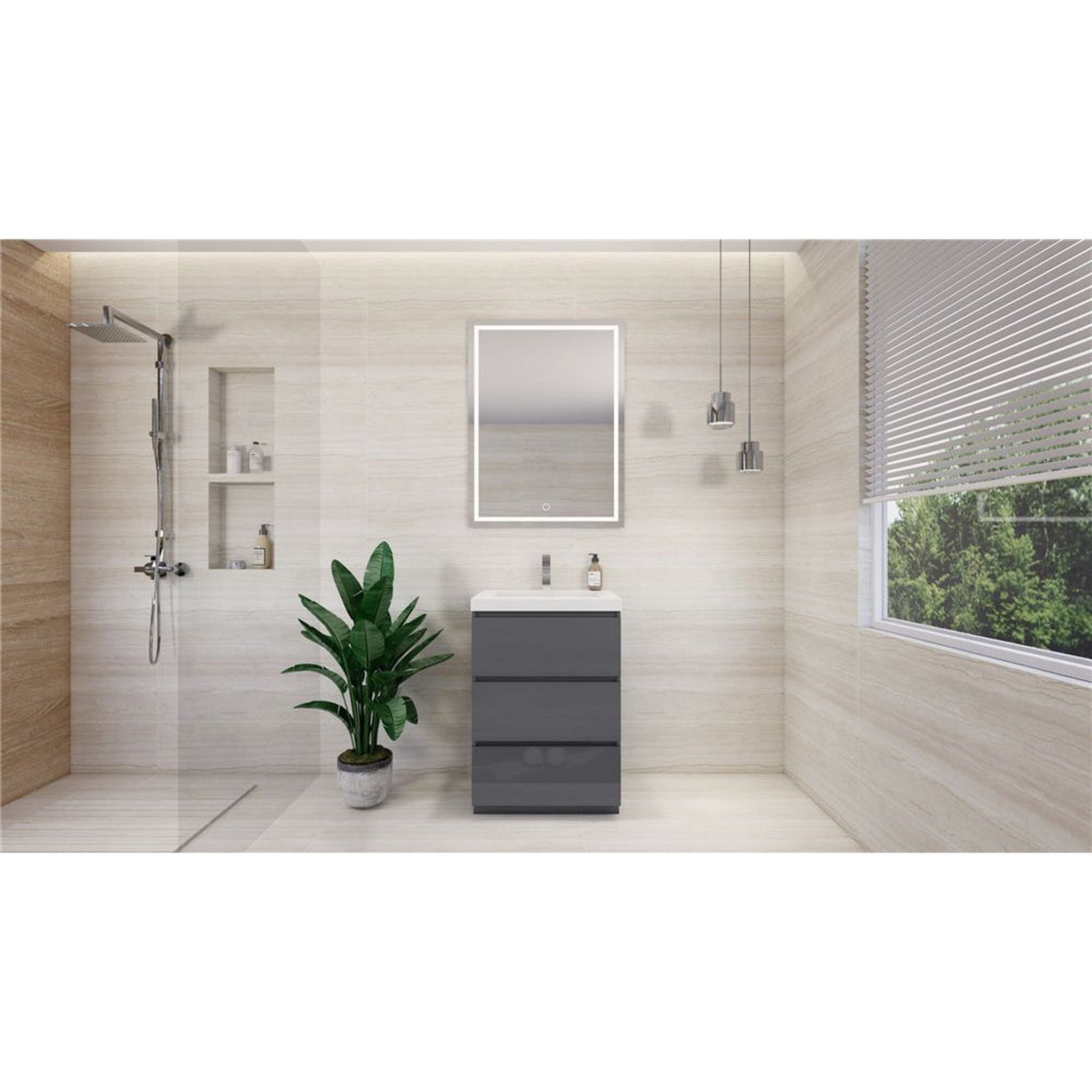 Moreno Bath, Moreno Bath Angeles 24" High Gloss Gray Freestanding Vanity With Single Reinforced White Acrylic Sink