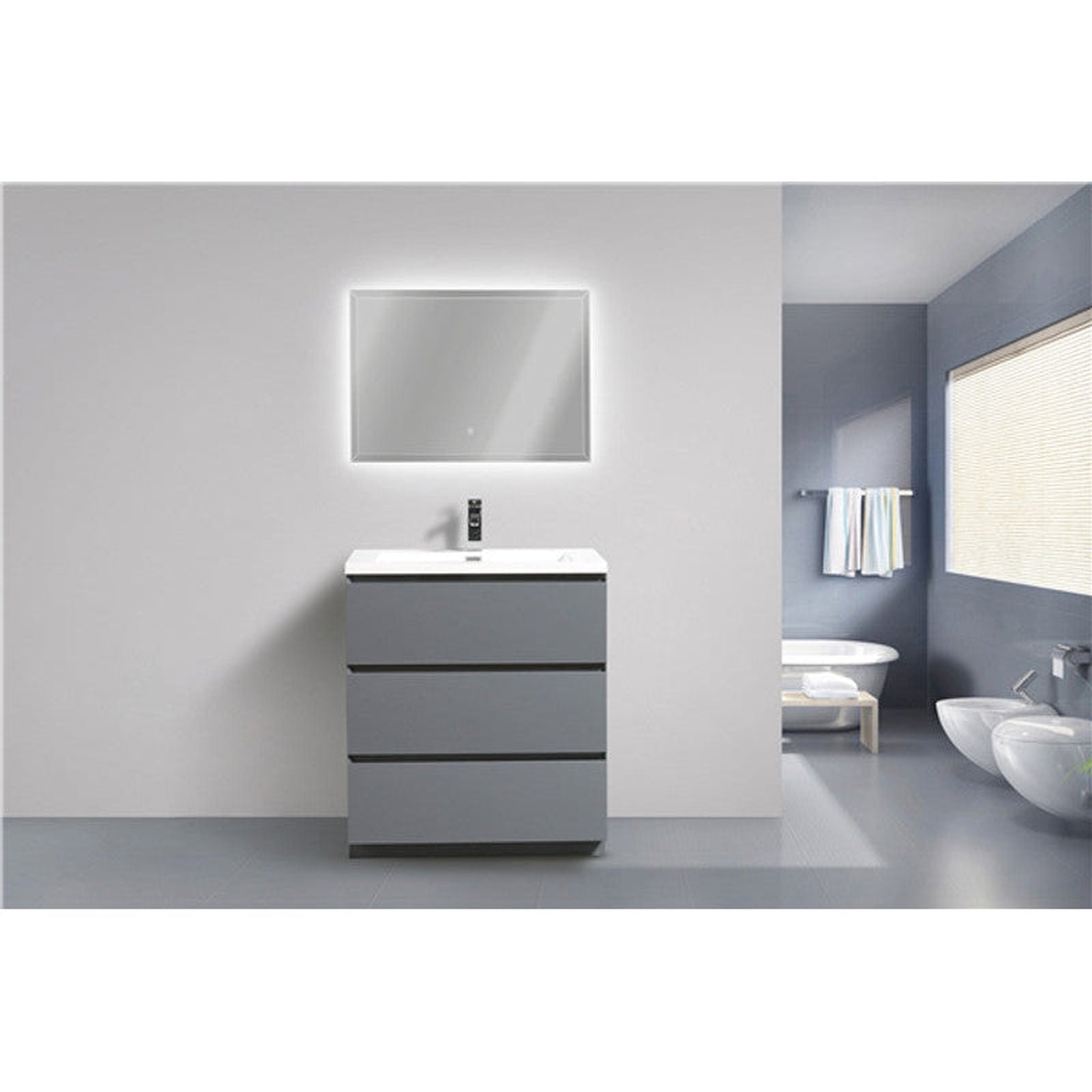 Moreno Bath, Moreno Bath Angeles 30" High Gloss Gray Freestanding Vanity With Single Reinforced White Acrylic Sink