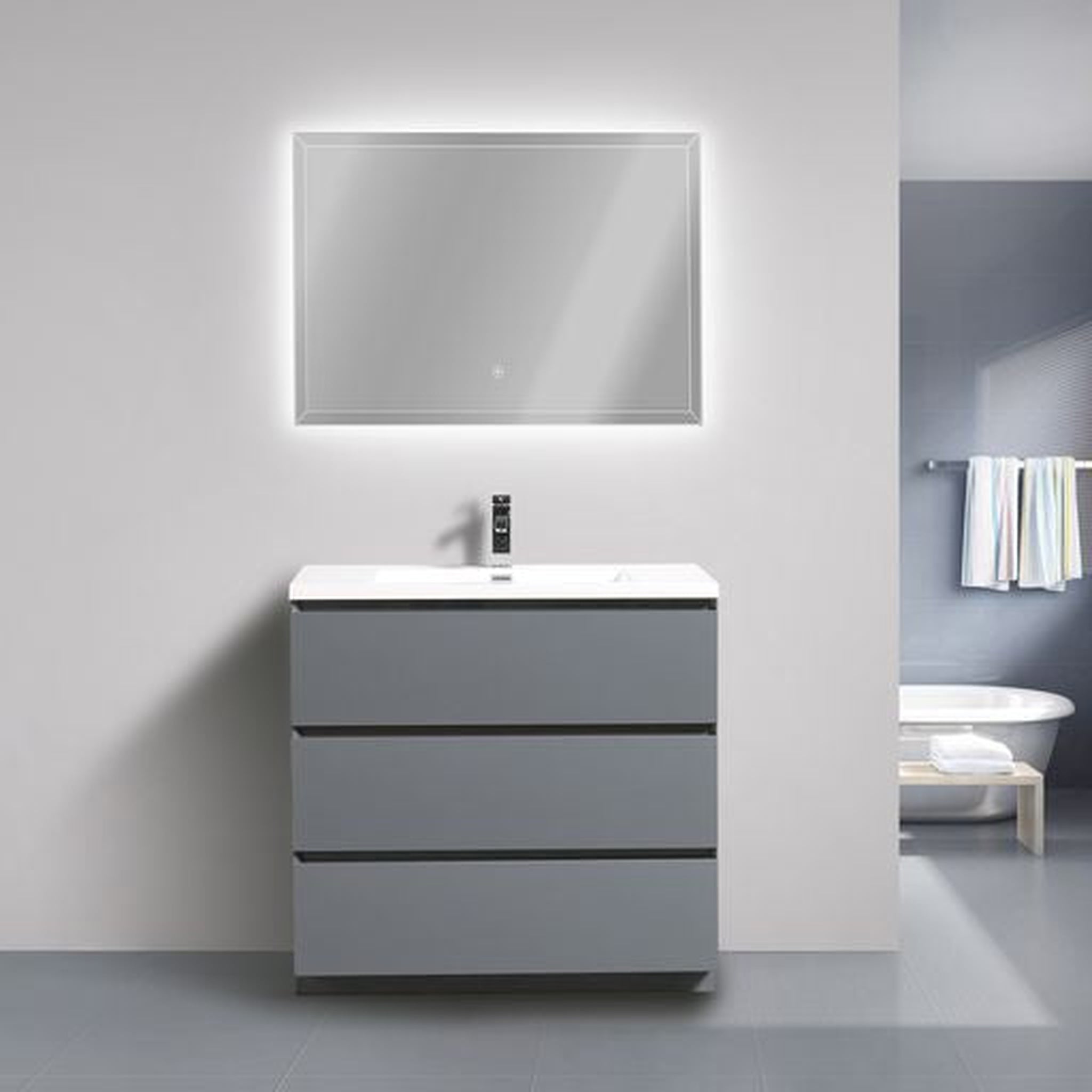 Moreno Bath, Moreno Bath Angeles 36" High Gloss Gray Freestanding Vanity With Single Reinforced White Acrylic Sink