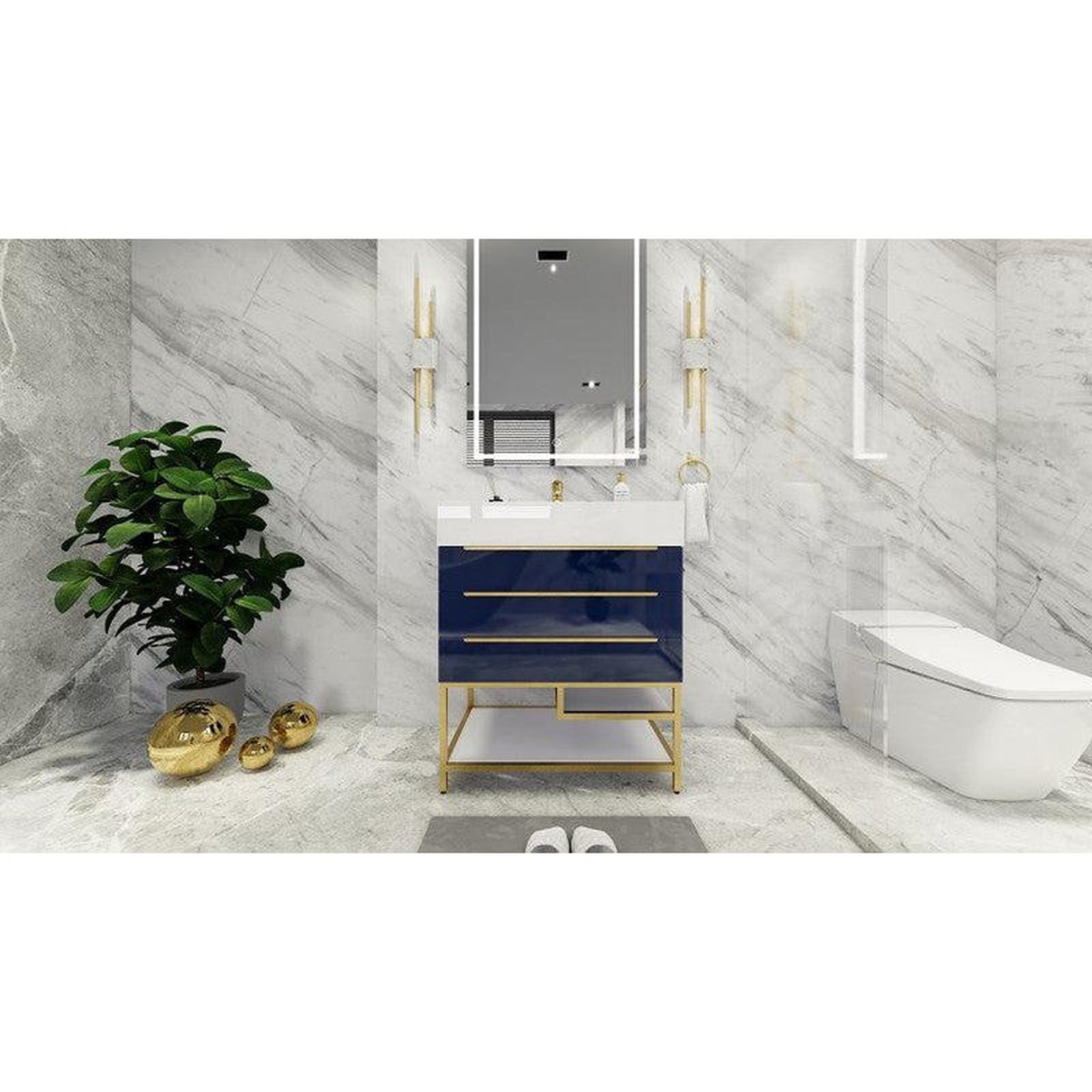 Moreno Bath, Moreno Bath Bethany 30" High Gloss Night Blue Freestanding Vanity With Single Reinforced White Acrylic Sink