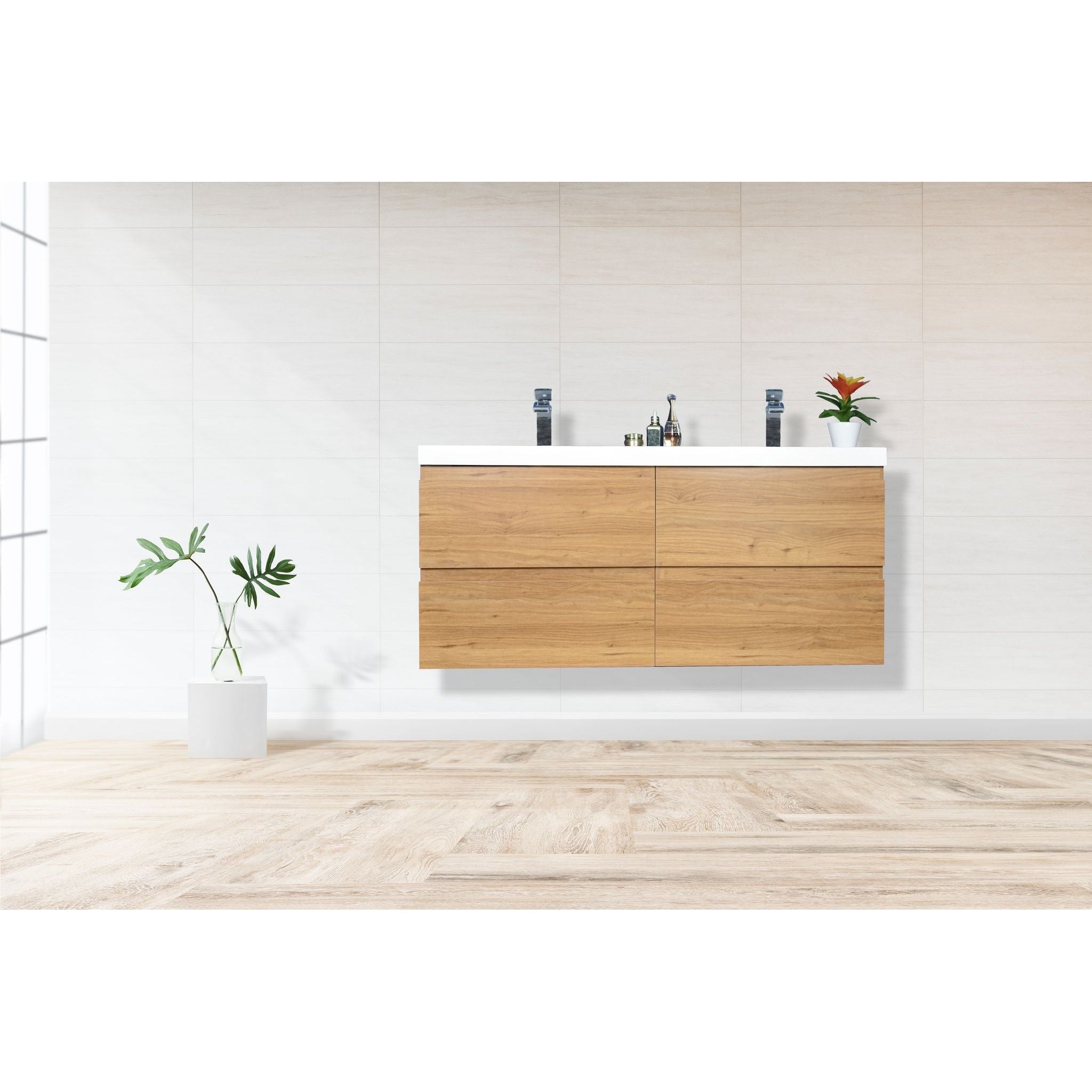 Moreno Bath, Moreno Bath Bohemia Lina 48" Nature Oak Wall-Mounted Vanity With Double Reinforced White Acrylic Sinks