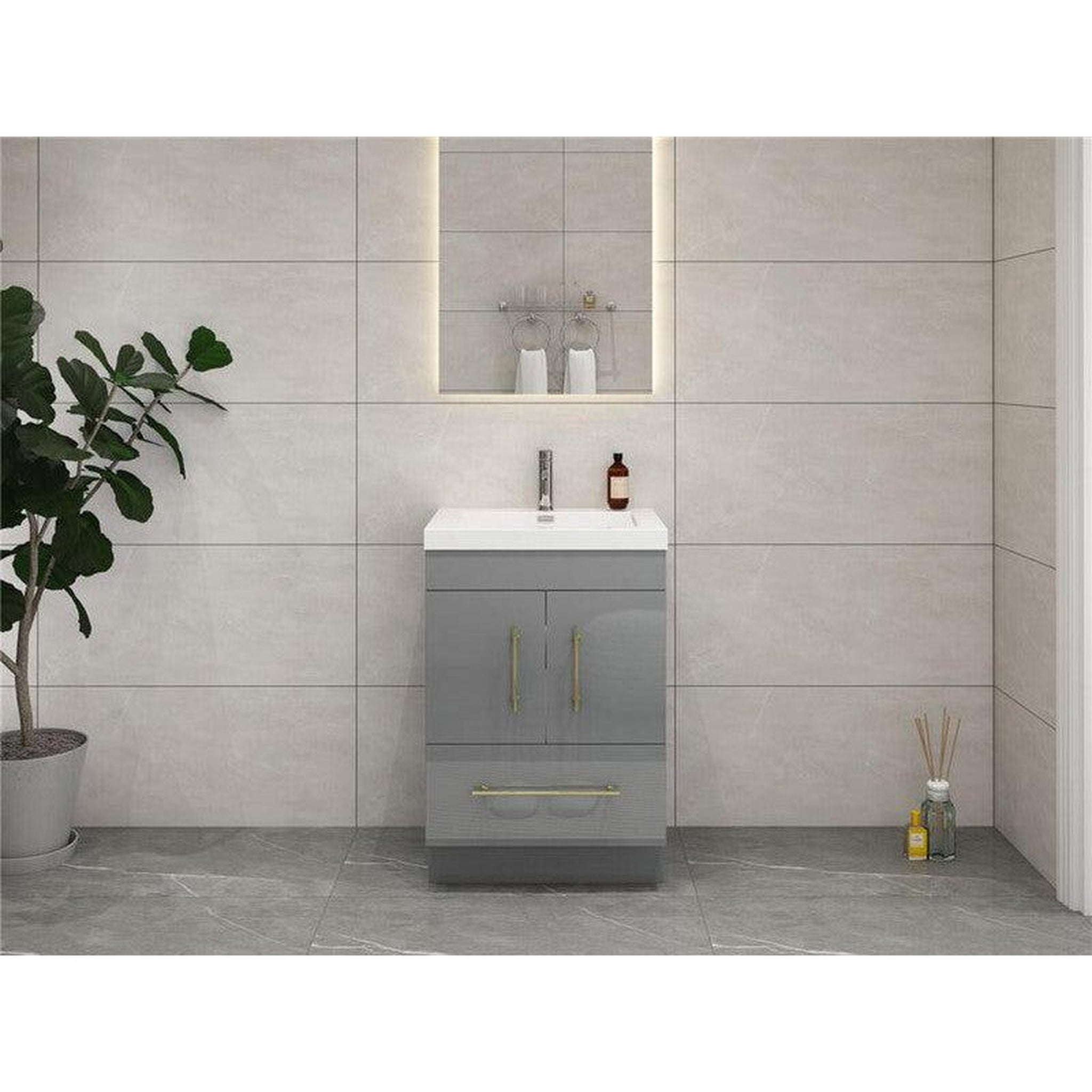 Moreno Bath, Moreno Bath ELSA 24" High Gloss Gray Freestanding Vanity With Single Reinforced White Acrylic Sink