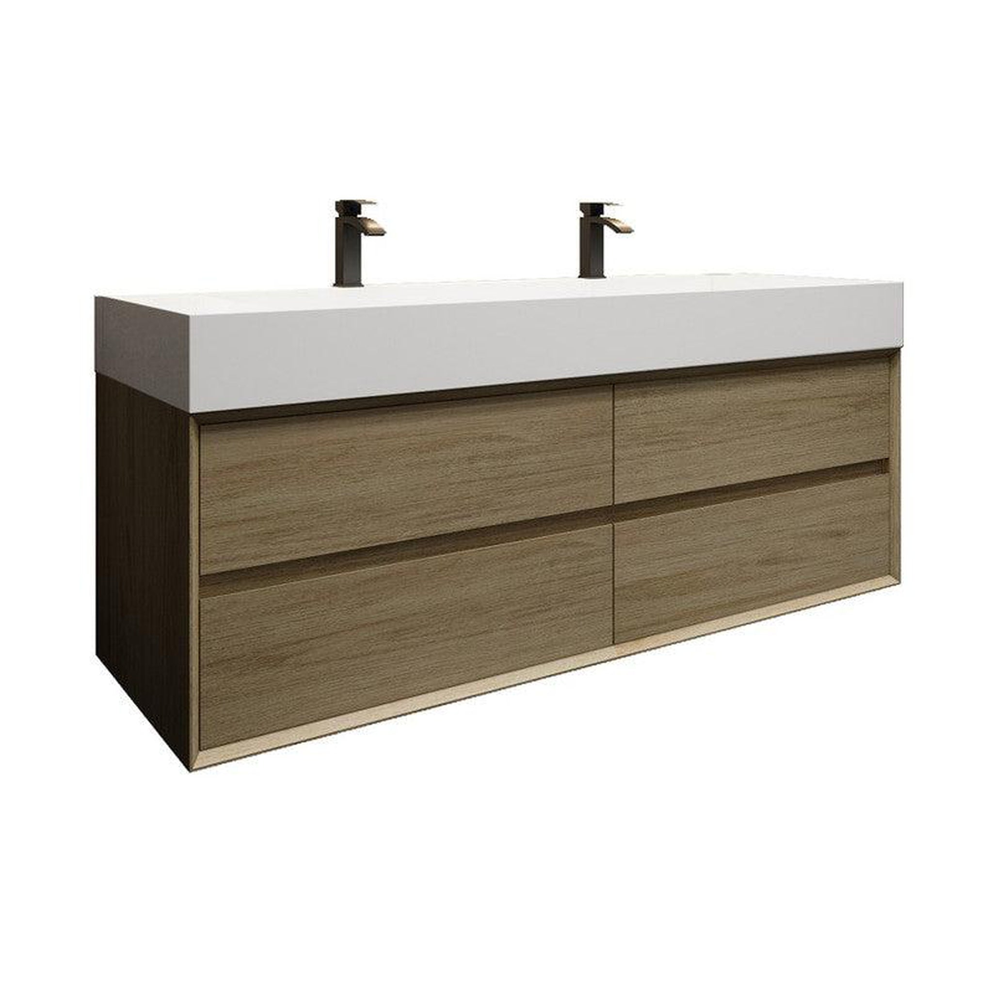 Moreno Bath, Moreno Bath MAX 60" Coffee Wood Wall-Mounted Vanity With Double Faucet Holes and Reinforced White Acrylic Sink