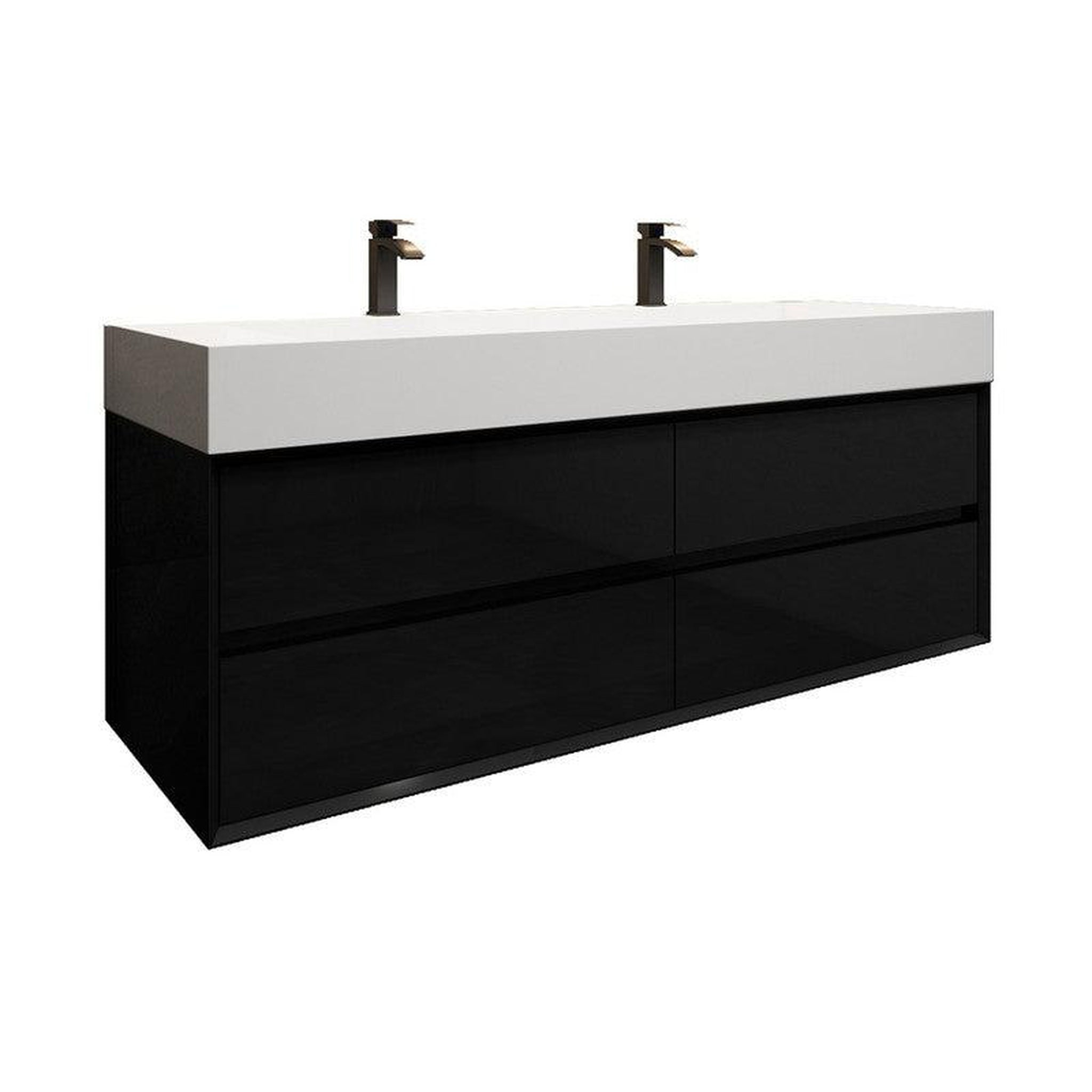 Moreno Bath, Moreno Bath MAX 60" Gloss Black Wall-Mounted Vanity With Double Faucet Holes and Reinforced White Acrylic Sink