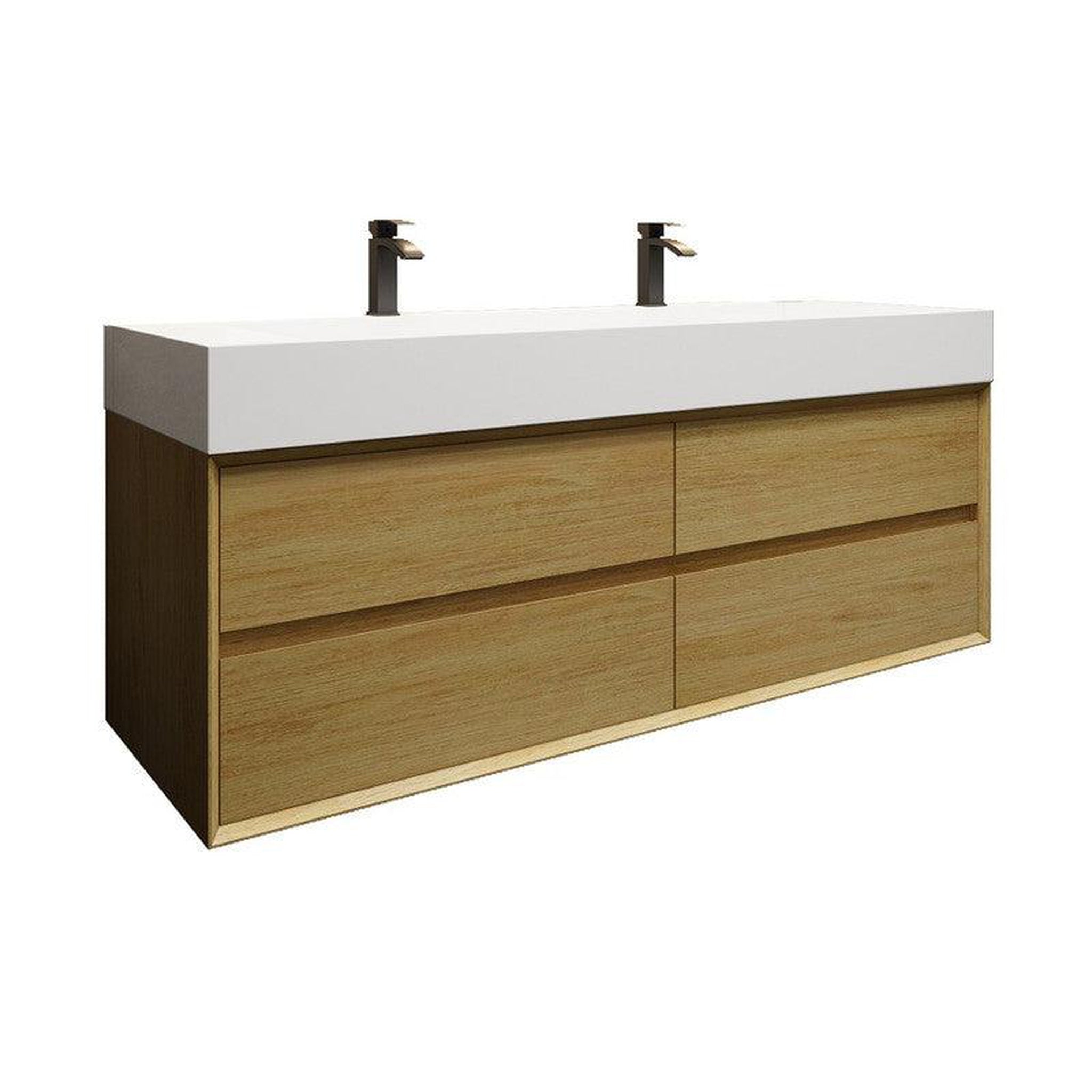 Moreno Bath, Moreno Bath MAX 60" Teak Oak Wall-Mounted Vanity With Double Faucet Holes and Reinforced White Acrylic Sink