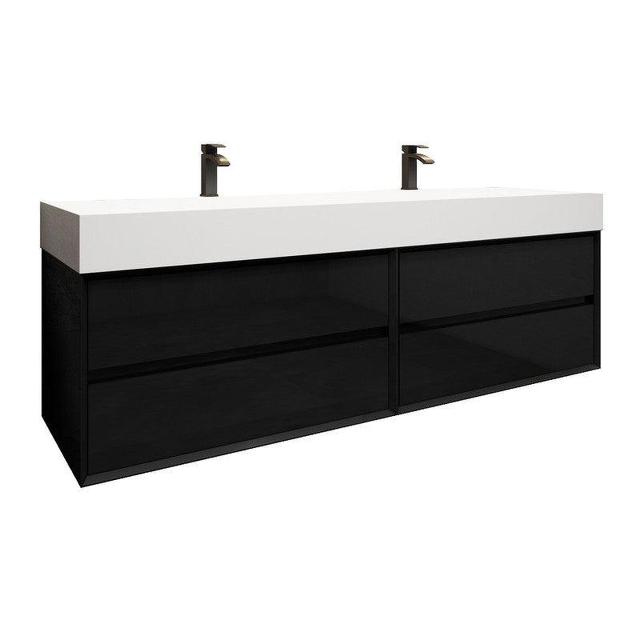 Moreno Bath, Moreno Bath MAX 72" Gloss Black Wall-Mounted Vanity With Double Faucet Holes and Reinforced White Acrylic Sink