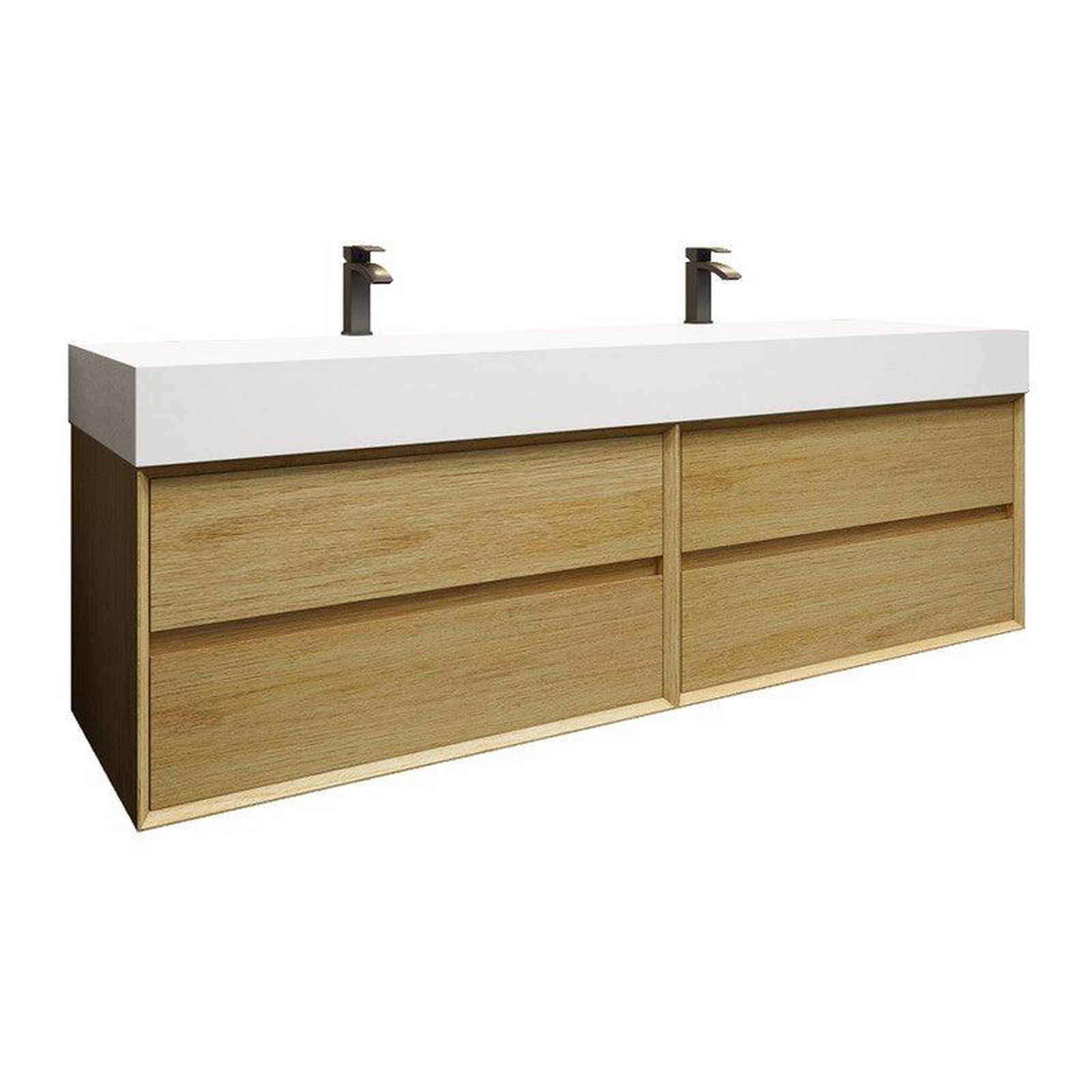 Moreno Bath, Moreno Bath MAX 72" Teak Oak Wall-Mounted Vanity With Double Faucet Holes and Reinforced White Acrylic Sink