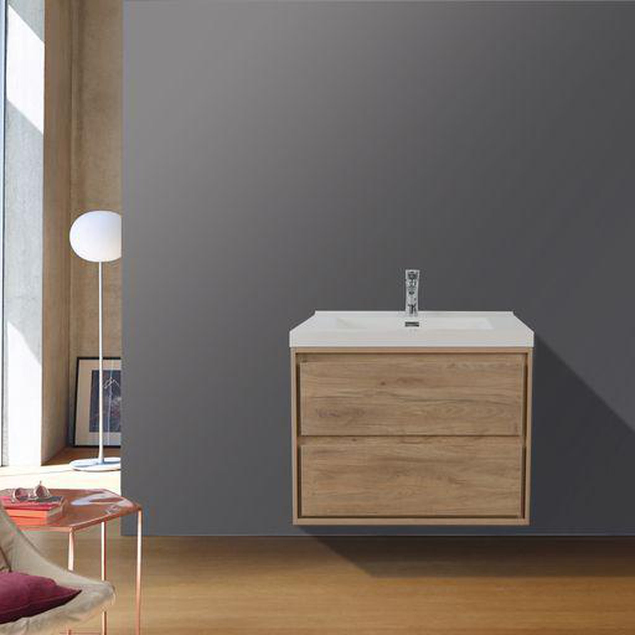 Moreno Bath, Moreno Bath Sage 24" White Oak Wall-Mounted Modern Vanity With Single Reinforced White Acrylic Sink