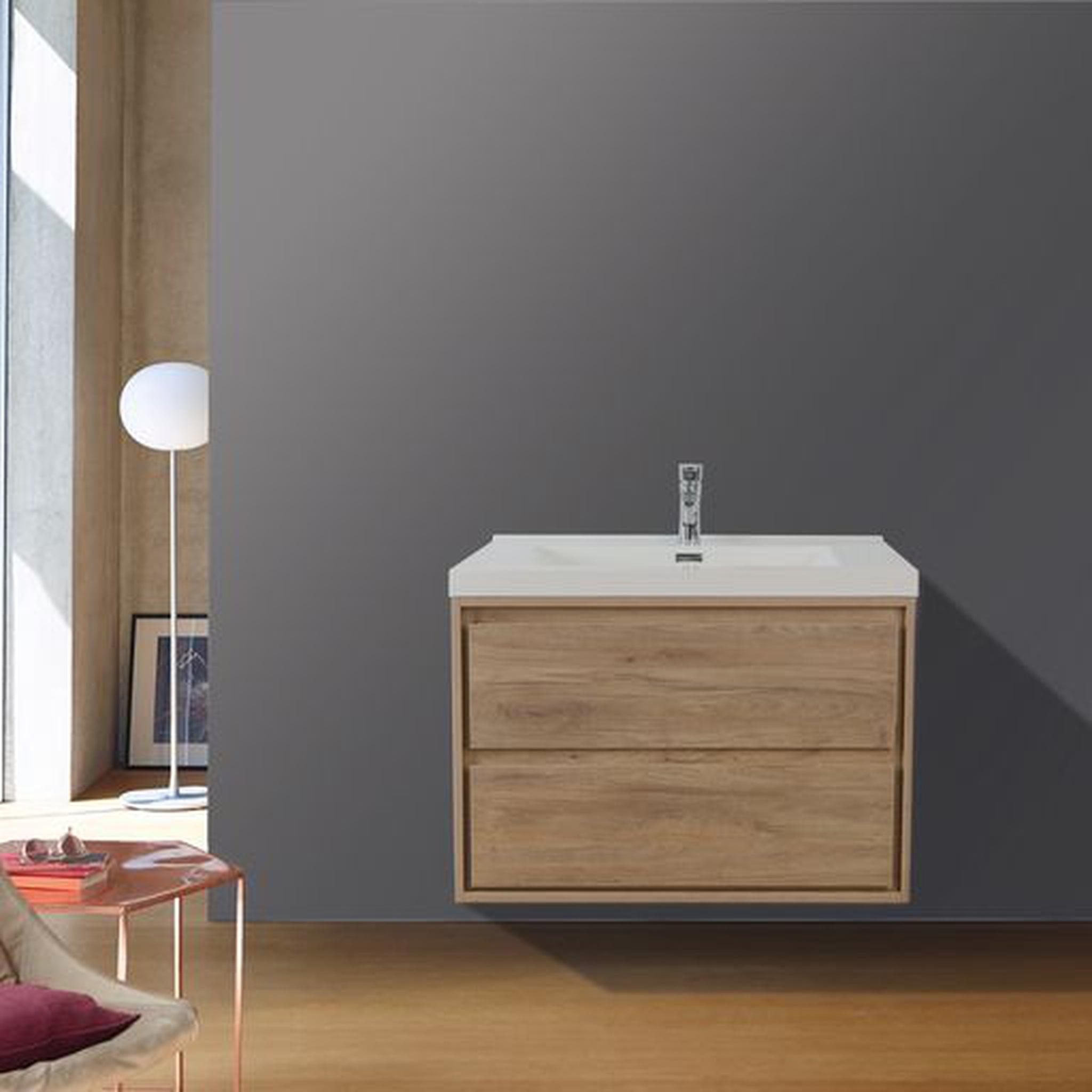 Moreno Bath, Moreno Bath Sage 30" White Oak Wall-Mounted Modern Vanity With Single Reinforced White Acrylic Sink