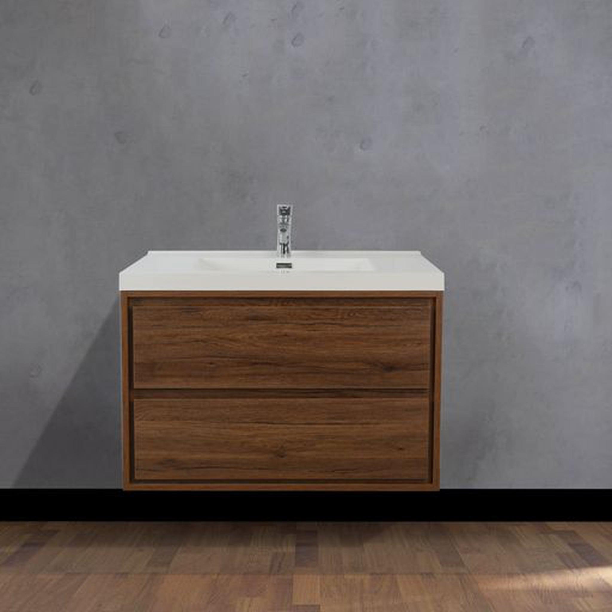 Moreno Bath, Moreno Bath Sage 36" Rosewood Wall-Mounted Modern Vanity With Single Reinforced White Acrylic Sink