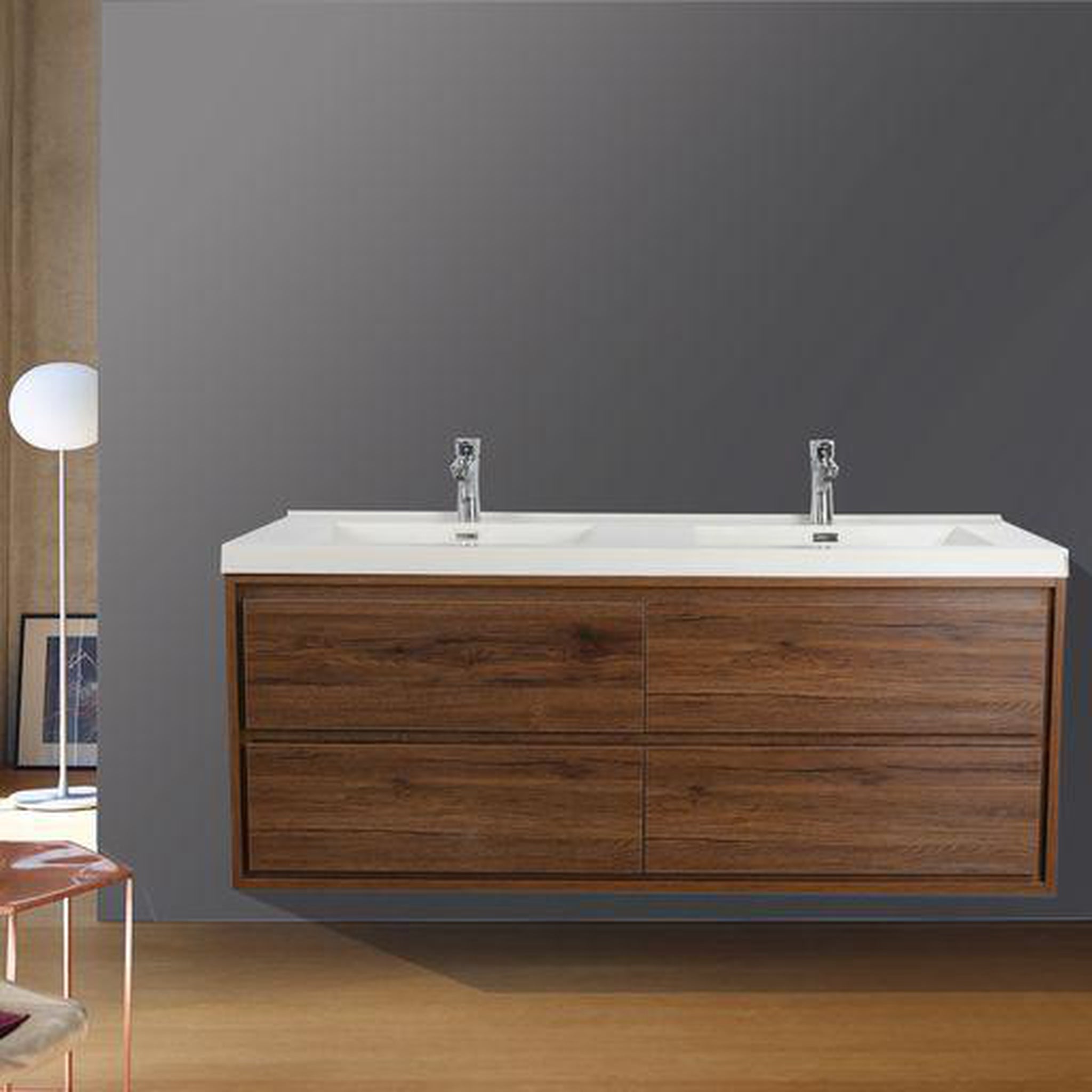 Moreno Bath, Moreno Bath Sage 60" Rosewood Wall-Mounted Modern Vanity With Double Reinforced White Acrylic Sinks