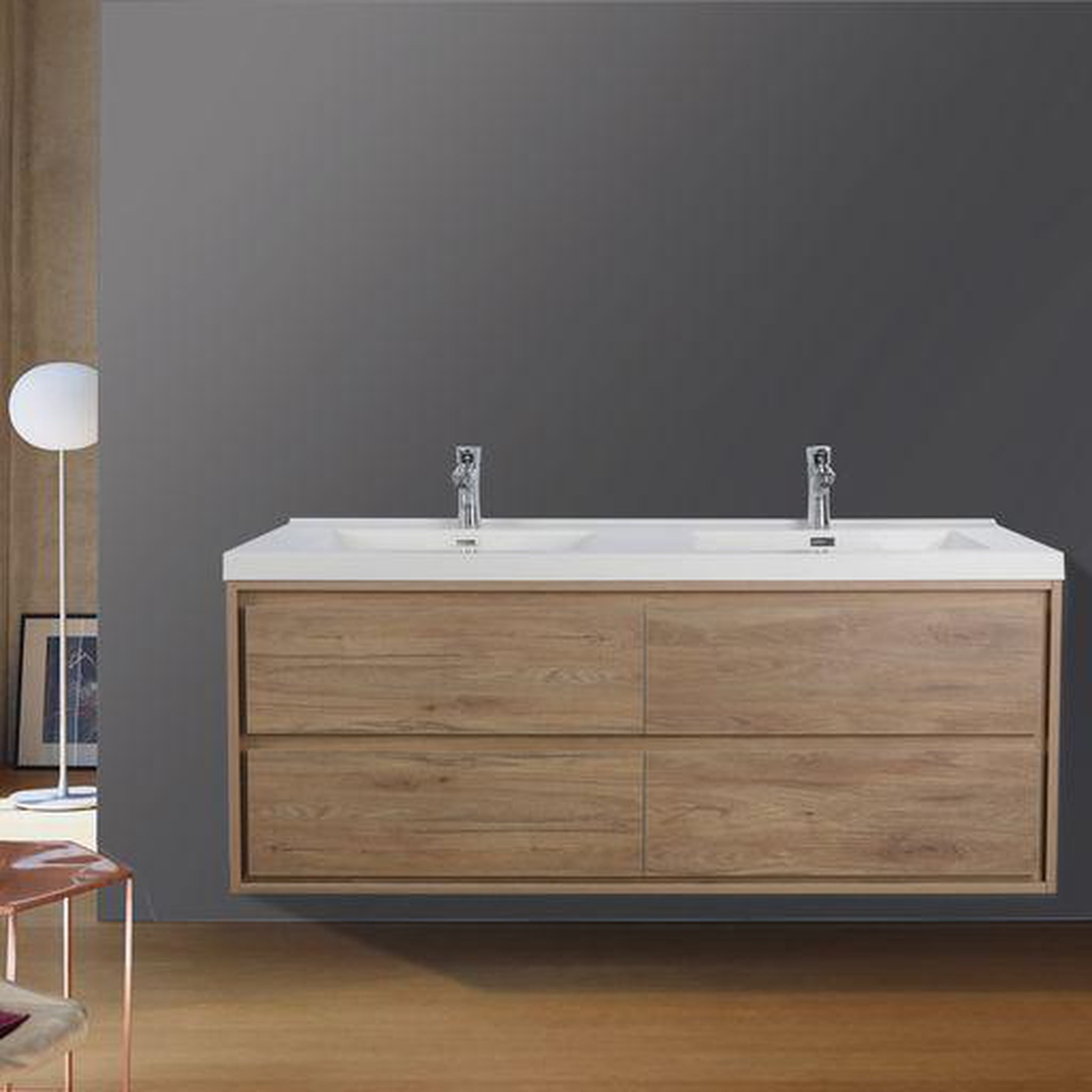 Moreno Bath, Moreno Bath Sage 60" White Oak Wall-Mounted Modern Vanity With Double Reinforced White Acrylic Sinks