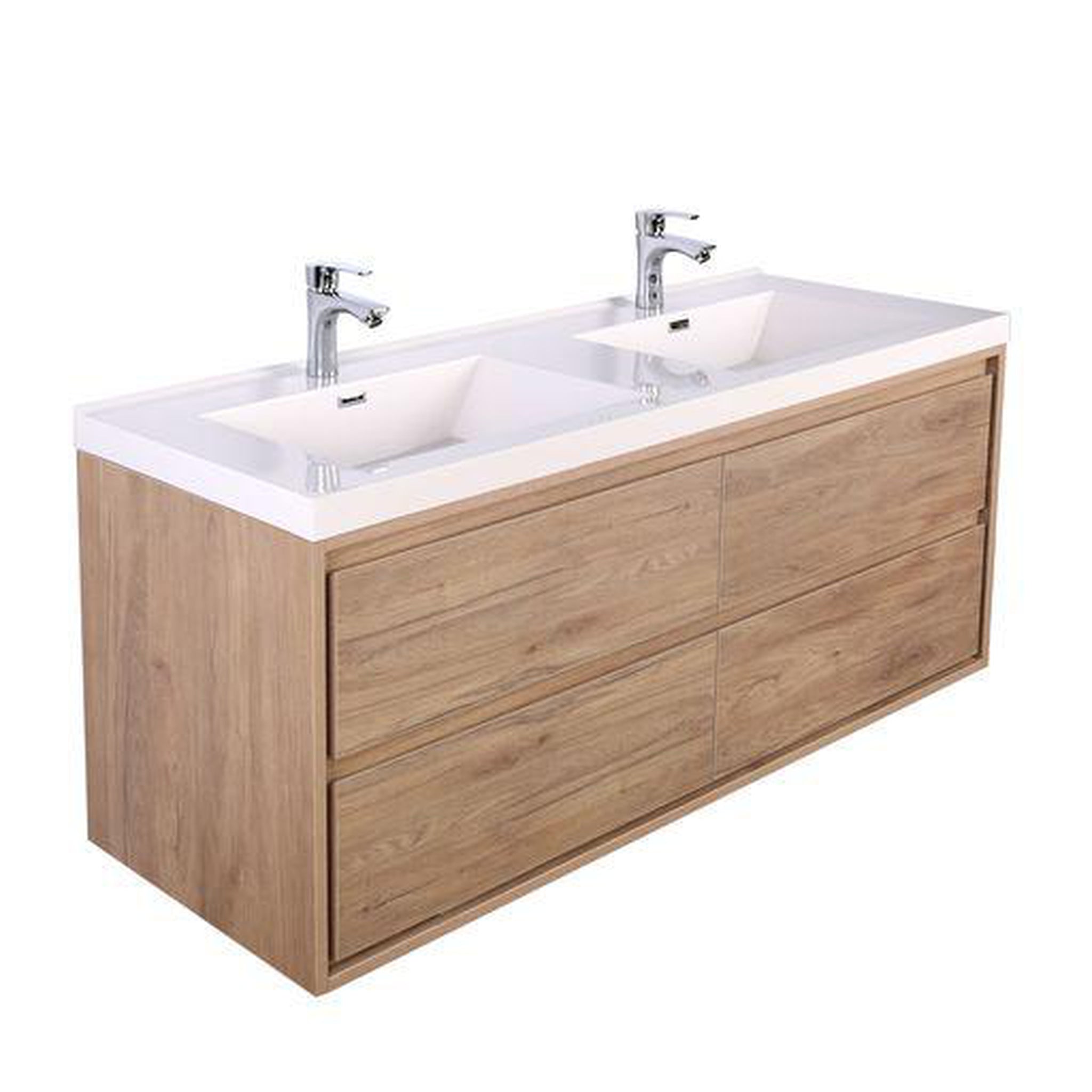 Moreno Bath, Moreno Bath Sage 60" White Oak Wall-Mounted Modern Vanity With Double Reinforced White Acrylic Sinks