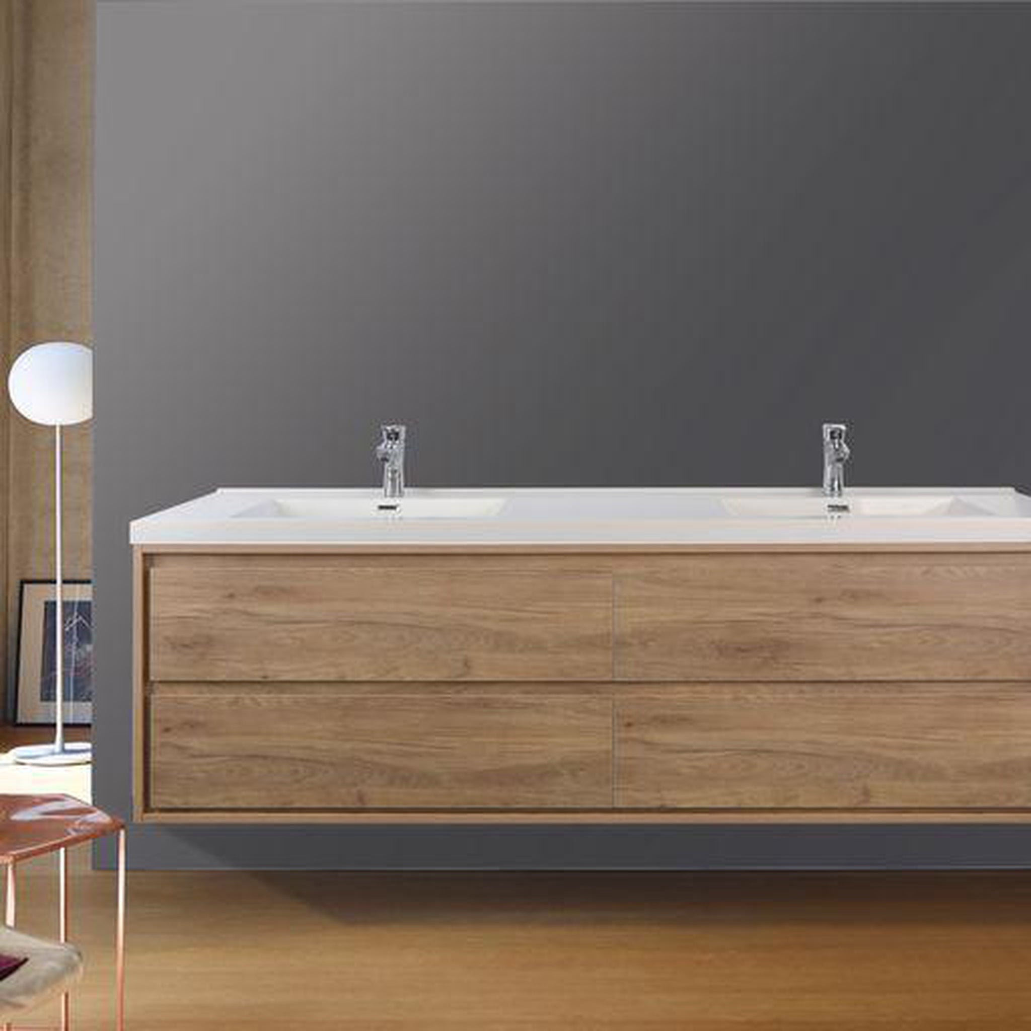 Moreno Bath, Moreno Bath Sage 72" White Oak Wall-Mounted Modern Vanity With Double Reinforced White Acrylic Sinks