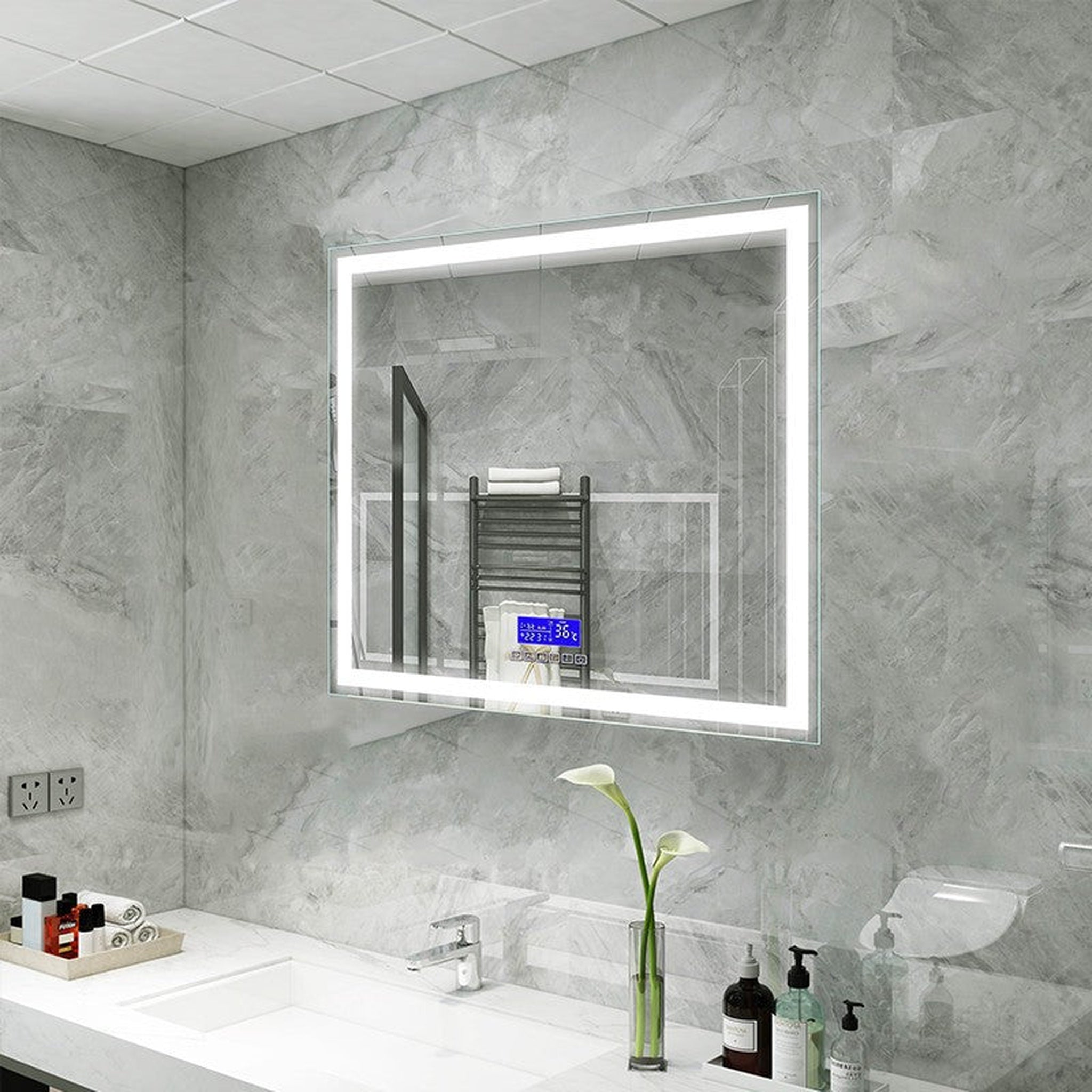 Moreno Bath, Moreno Florence 31" x 36" Frameless LED Mirror With Bluetooth, Time, and Temperature