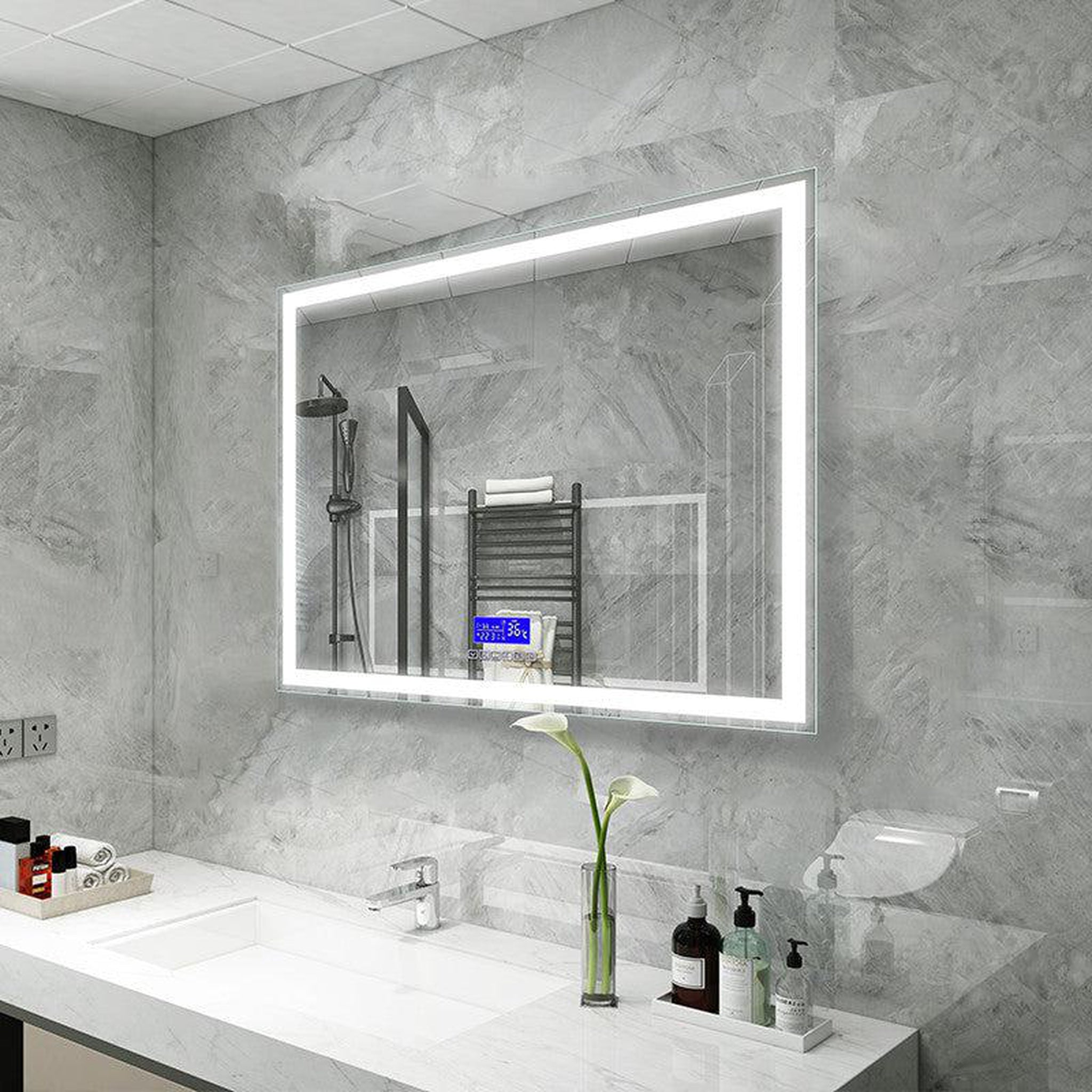 Moreno Bath, Moreno Florence 47" x 36" Frameless LED Mirror With Bluetooth, Time, and Temperature