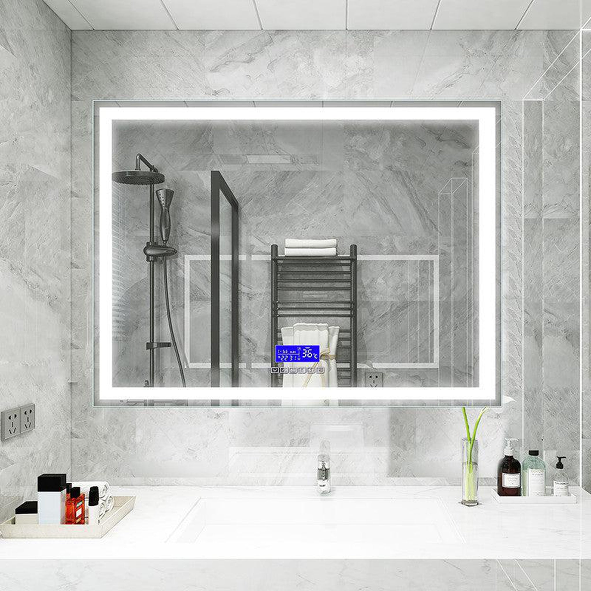 Moreno Bath, Moreno Florence 47" x 36" Frameless LED Mirror With Bluetooth, Time, and Temperature